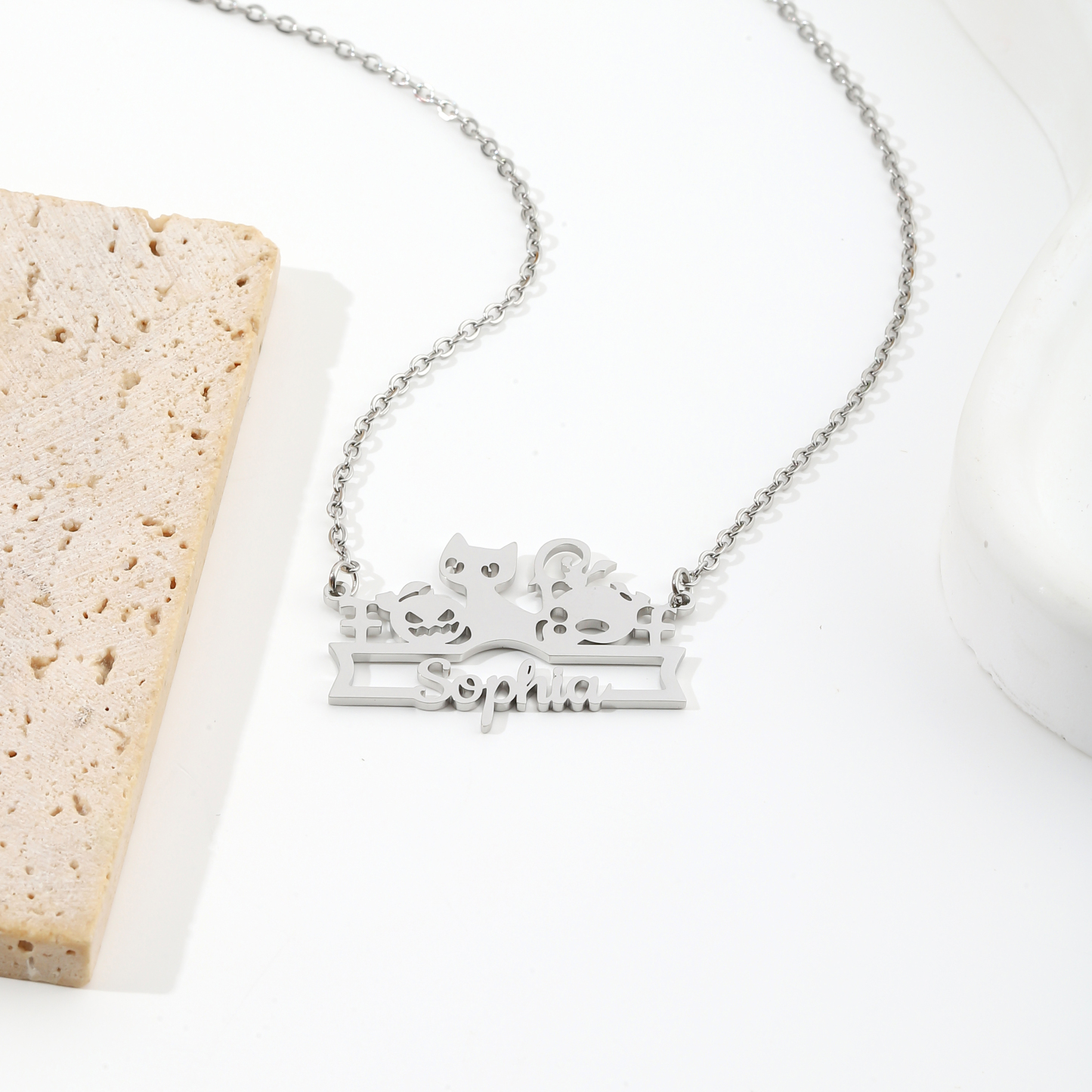 Custom Name Necklace with Cute Halloween Animals and Pumpkin Patterns