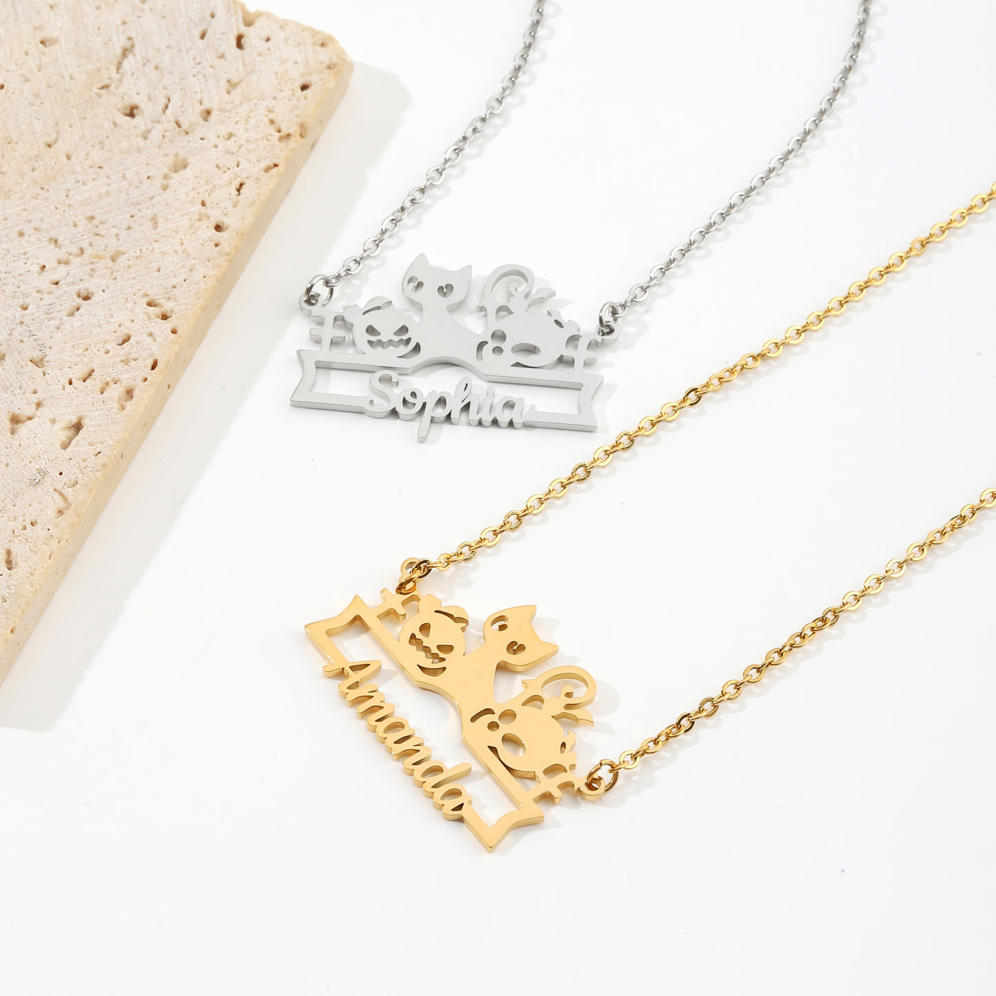 Custom Name Necklace with Cute Halloween Animals and Pumpkin Patterns