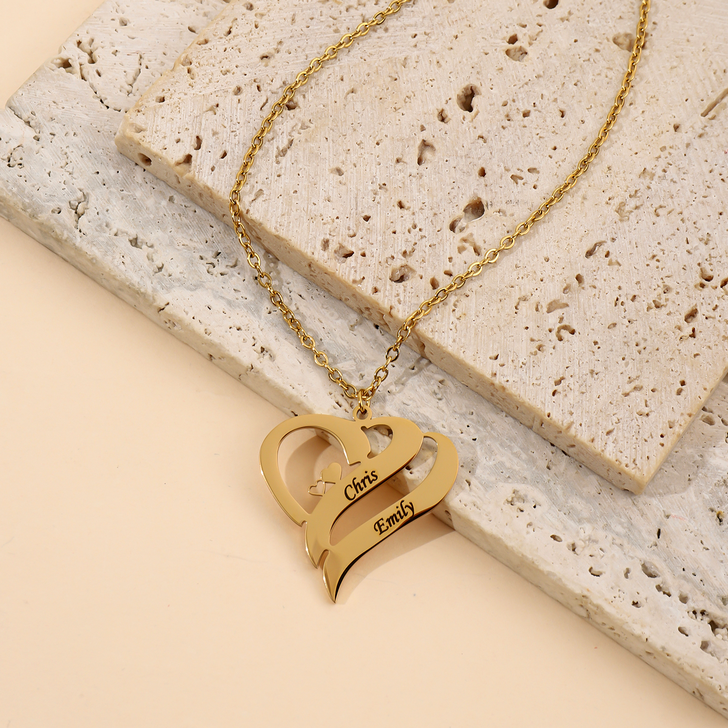 Custom Necklace with Double Hearts and Double Names for Lovers