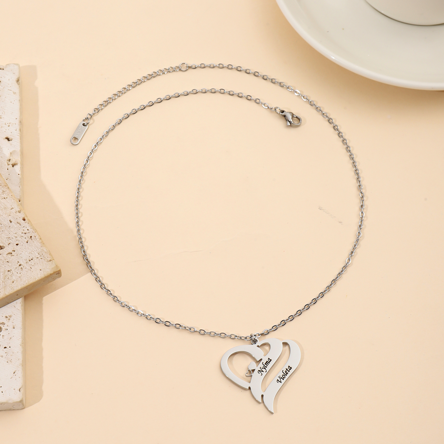 Custom Necklace with Double Hearts and Double Names for Lovers