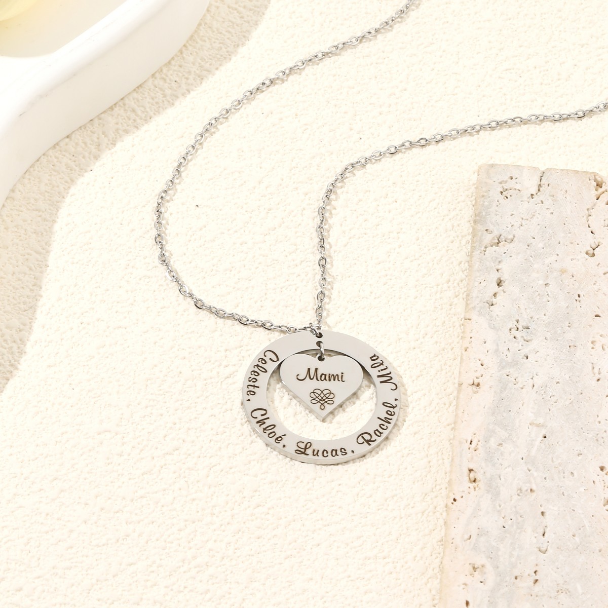Custom Necklaces with Hearts and Ring Engraved with Names and Texts