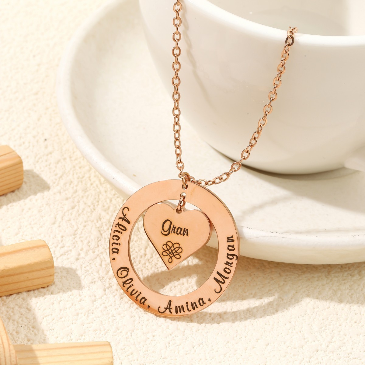 Custom Necklaces with Hearts and Ring Engraved with Names and Texts