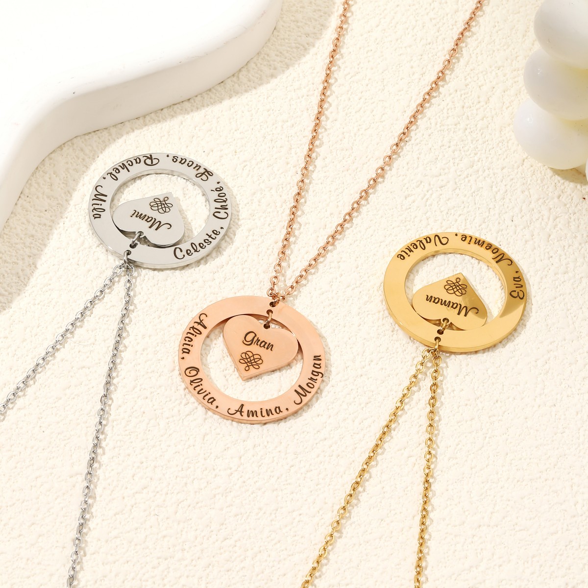 Custom Necklaces with Hearts and Ring Engraved with Names and Texts