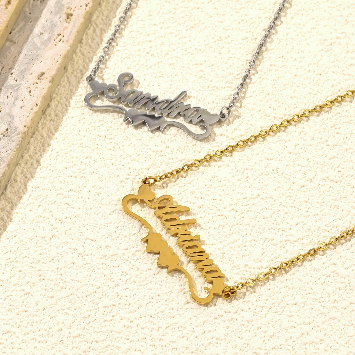 Custom Name Necklaces with Double Heart shaped Ribbons