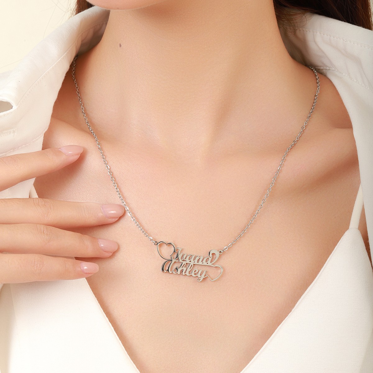 Custom Double Names Connected by Double Hearts Gift for Couple