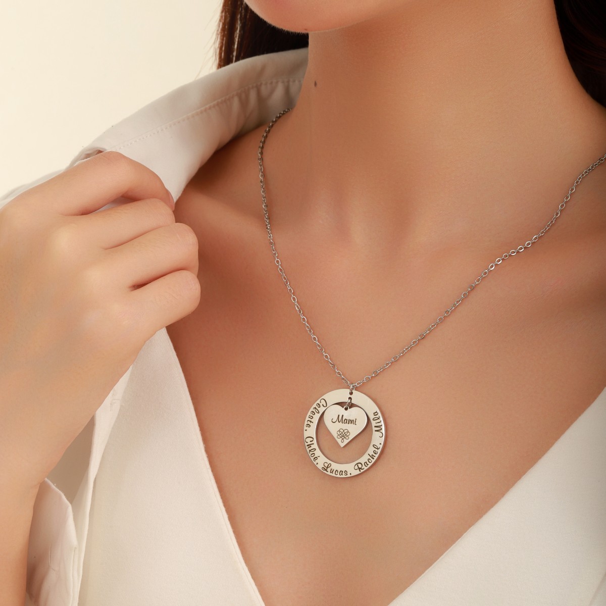 Custom Necklaces with Hearts and Ring Engraved with Names and Texts