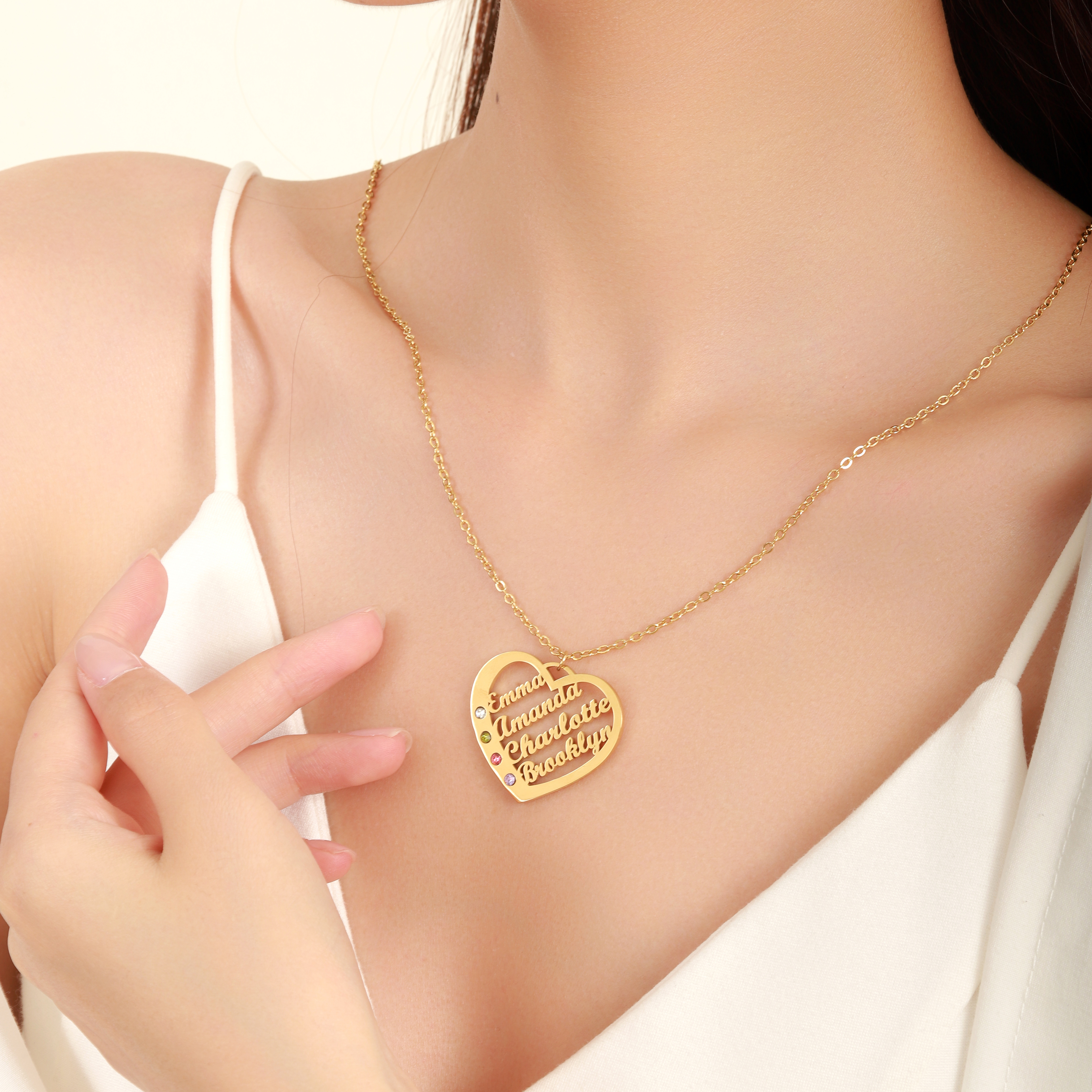 Custom Multiple Name  Birthstone Necklace in Heart Shape 