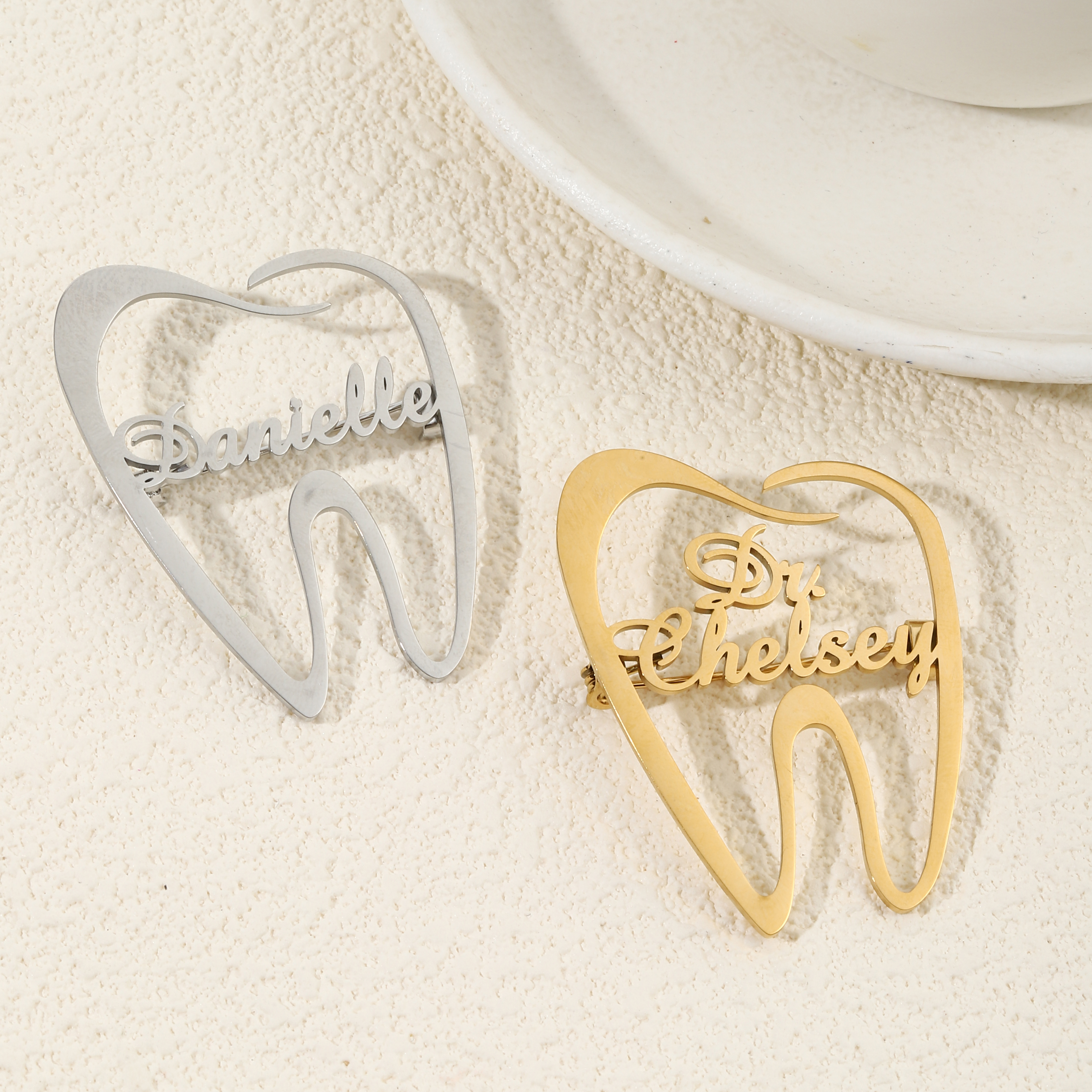 Custom Tooth shaped Name Brooches For Dentists