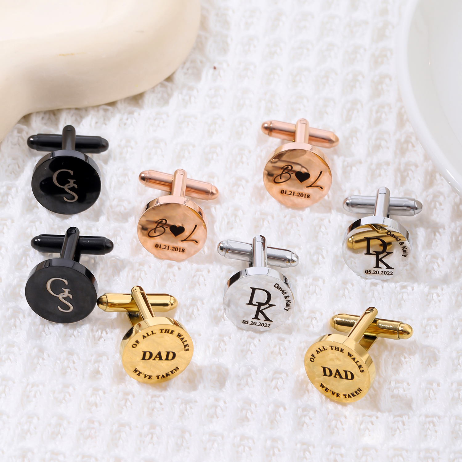Eight Styles of Round Custom Text Cufflinks