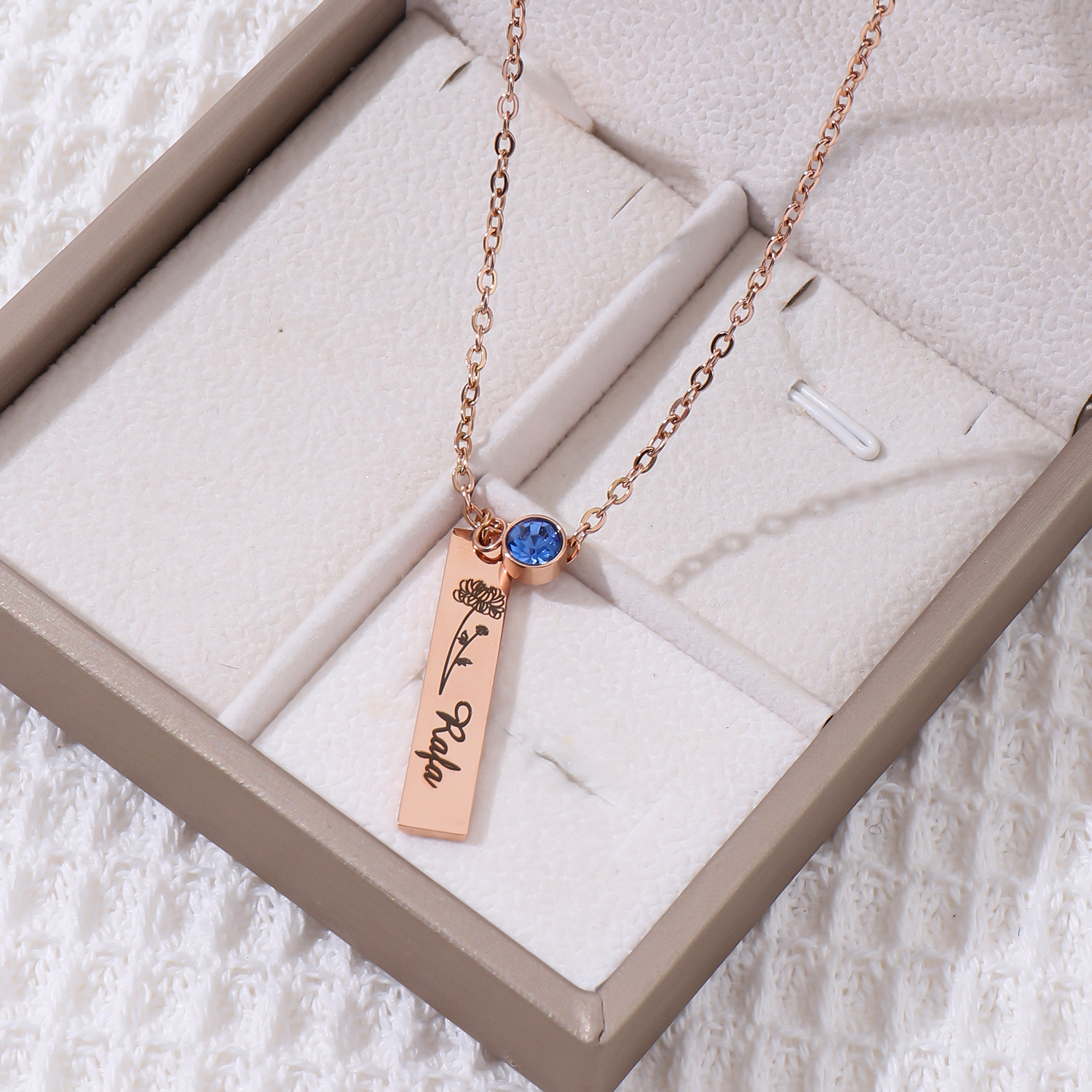 Custom Necklace with Long-shaped Bouquets of Birth Flowers  Names and Birthstones