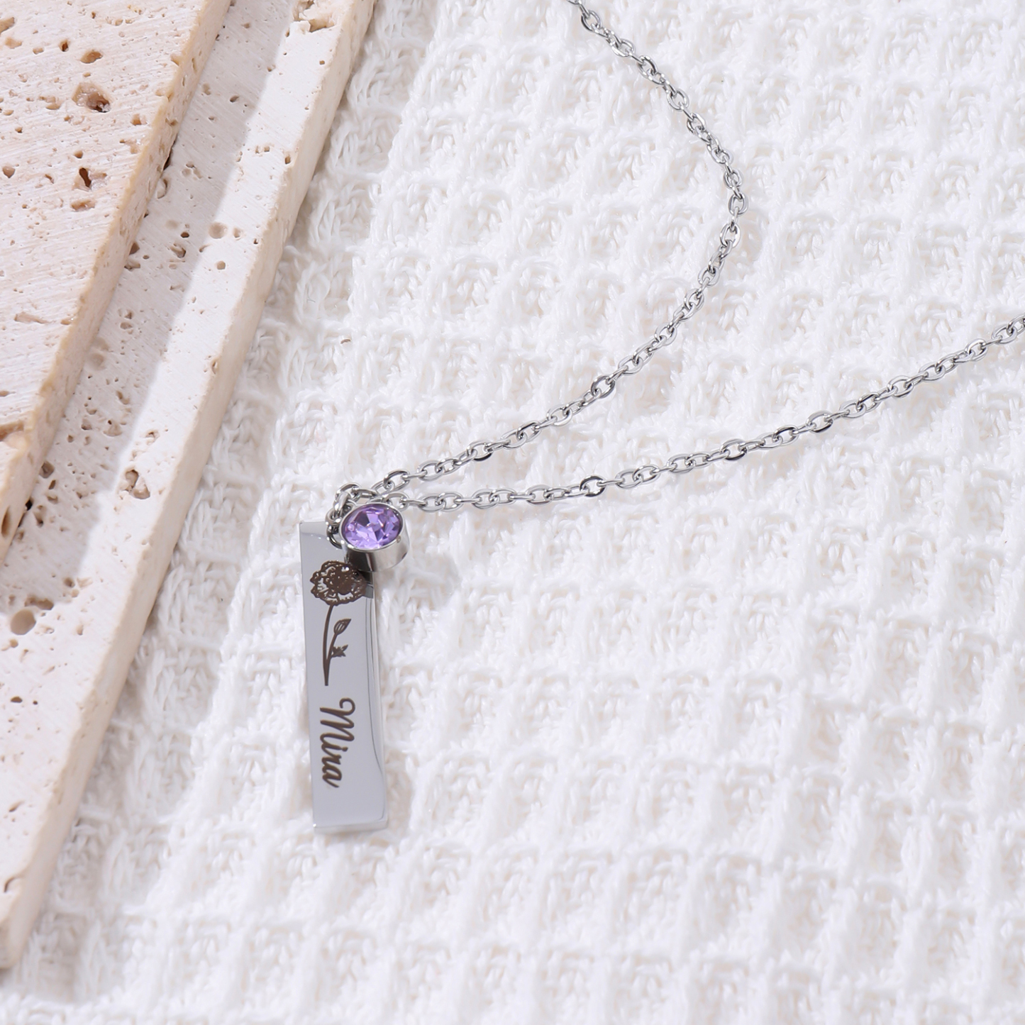 Custom Necklace with Long-shaped Bouquets of Birth Flowers  Names and Birthstones