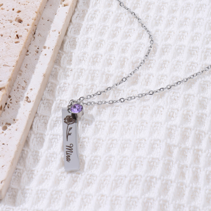 Custom Necklace with Long-shaped Bouquets of Birth Flowers  Names and Birthstones