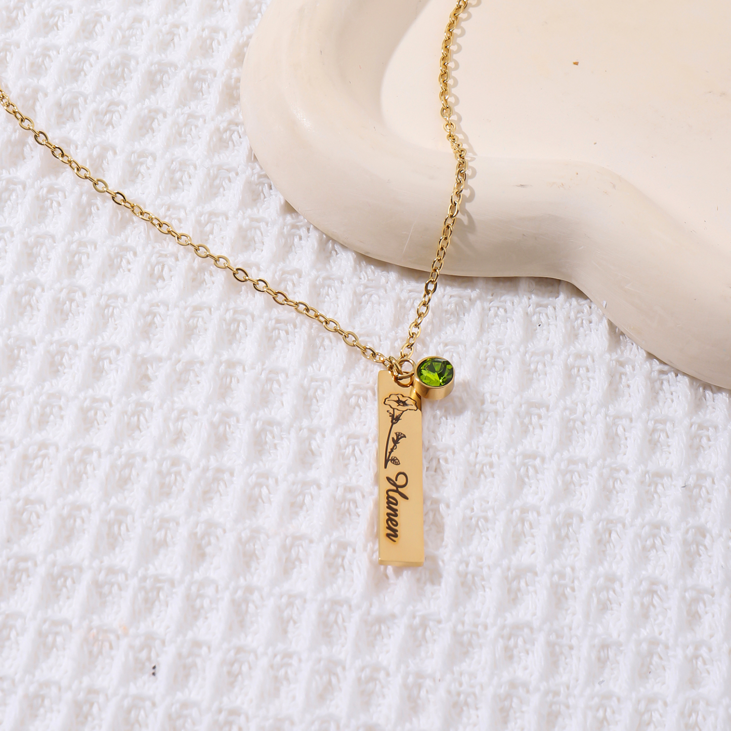 Custom Necklace with Long-shaped Bouquets of Birth Flowers  Names and Birthstones