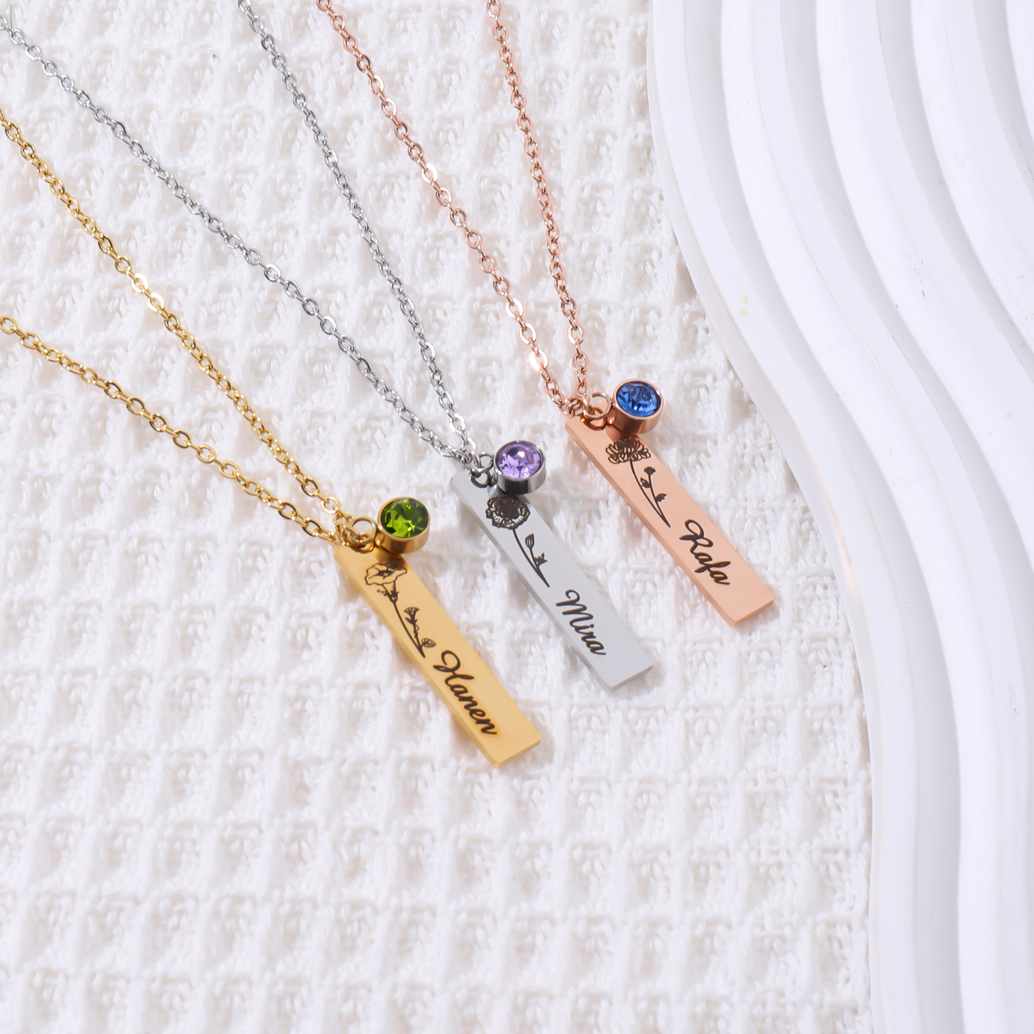 Custom Necklace with Long-shaped Bouquets of Birth Flowers  Names and Birthstones
