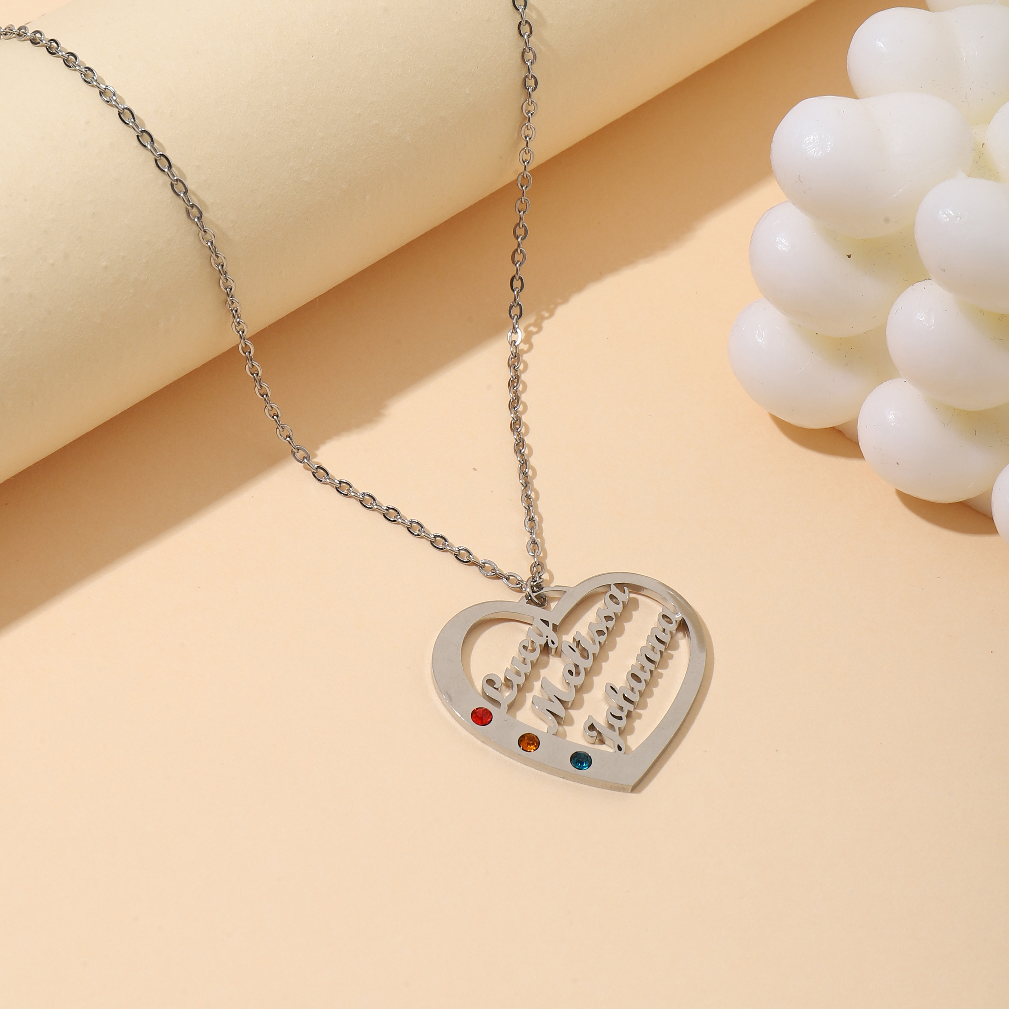Custom Multiple Name  Birthstone Necklace in Heart Shape 