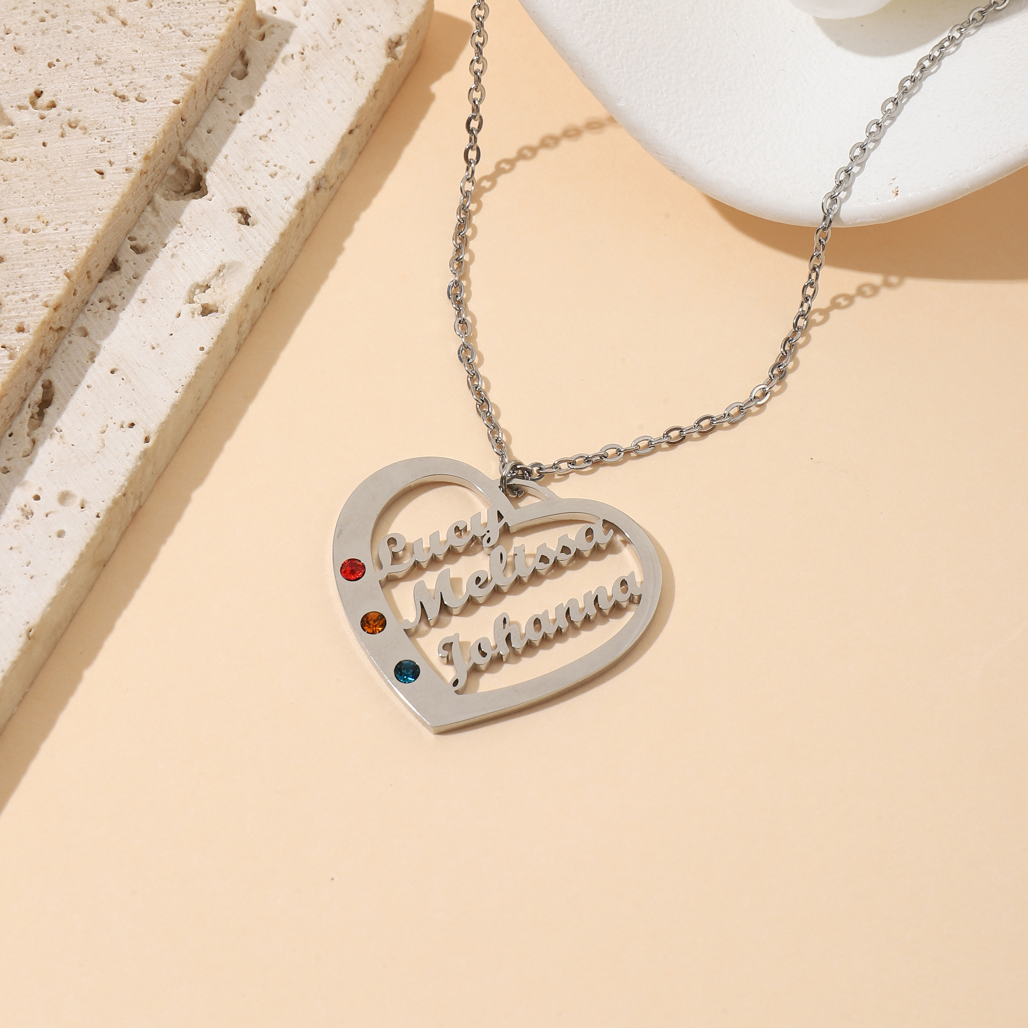 Custom Multiple Name  Birthstone Necklace in Heart Shape 