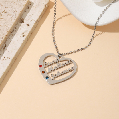 Custom Multiple Name  Birthstone Necklace in Heart Shape 