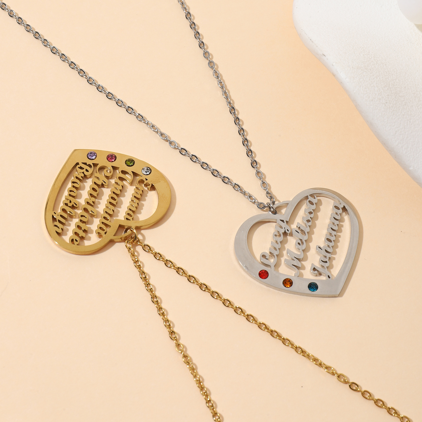 Custom Multiple Name  Birthstone Necklace in Heart Shape 
