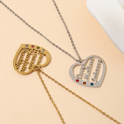 Custom Multiple Name  Birthstone Necklace in Heart Shape 