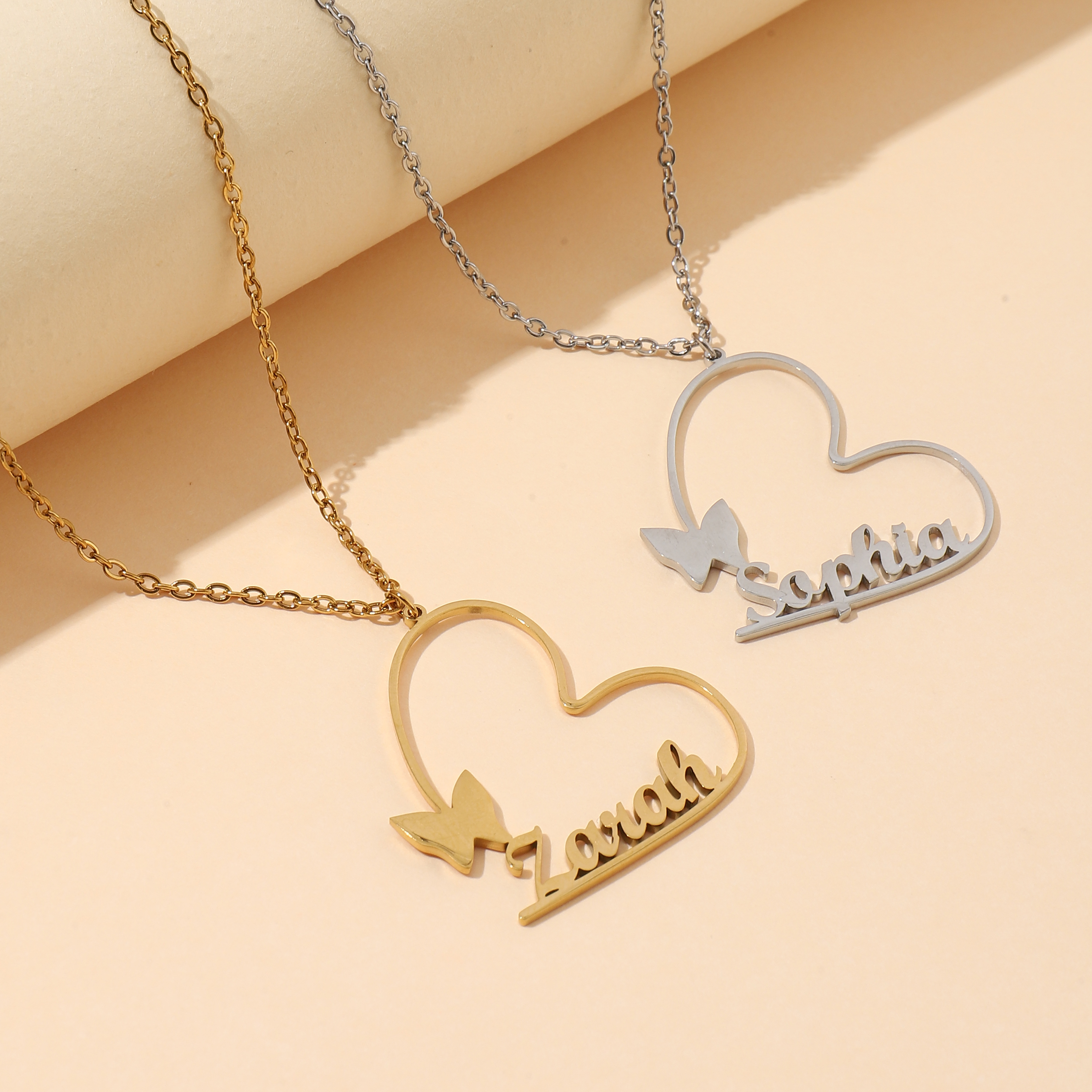 Custom Name Necklaces with Heart and Butterfly Designs
