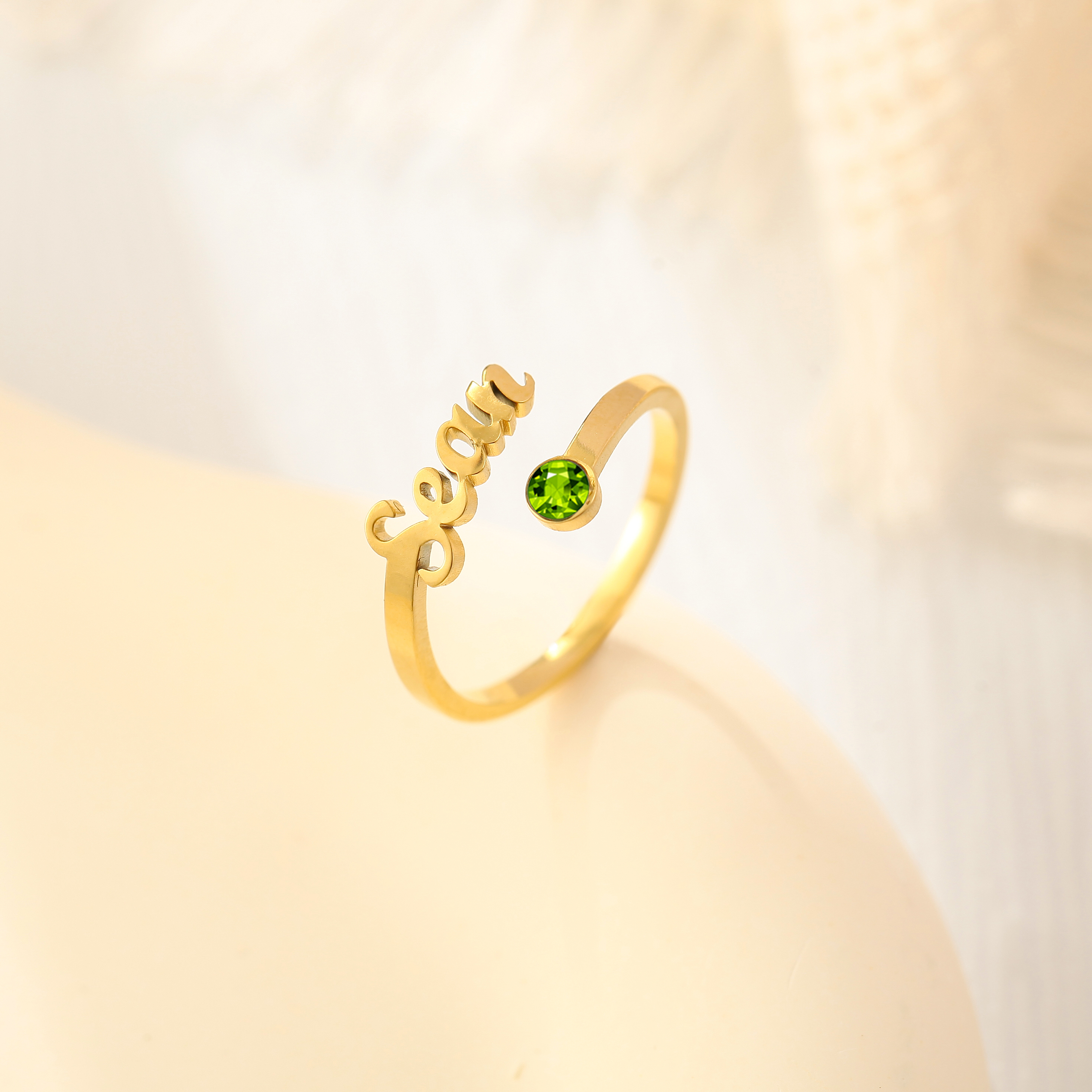 Custom Single Name Birthstone Ring with Open Design