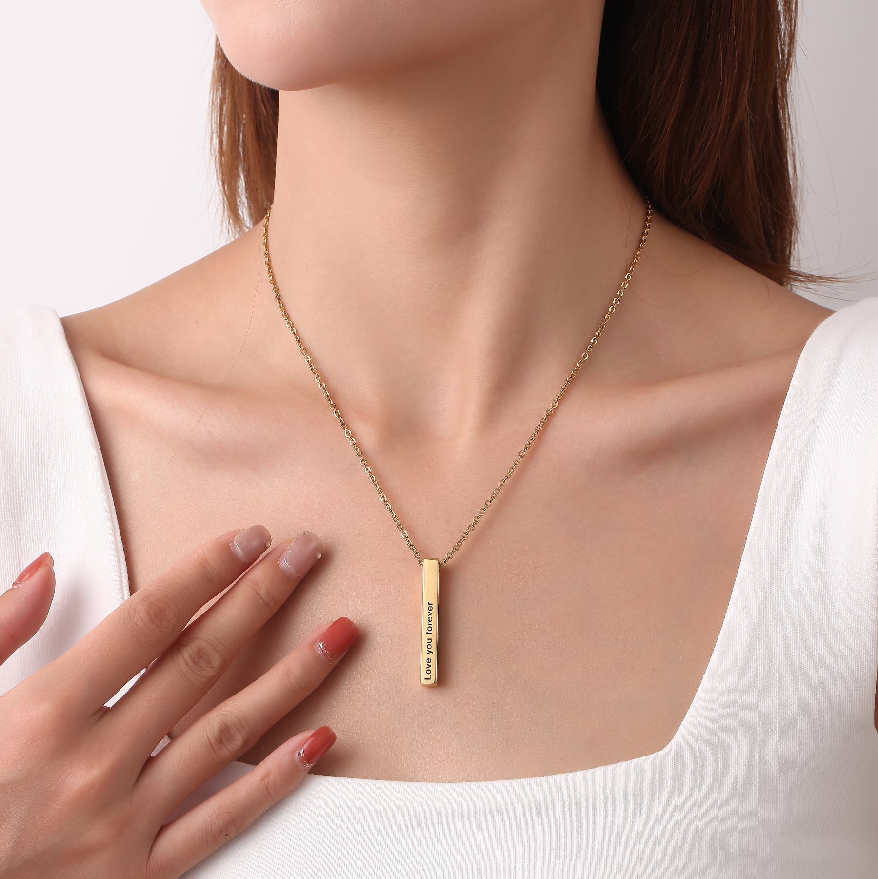 Custom Necklace with Cuboid Pendants Engraved with Text on Four Sides