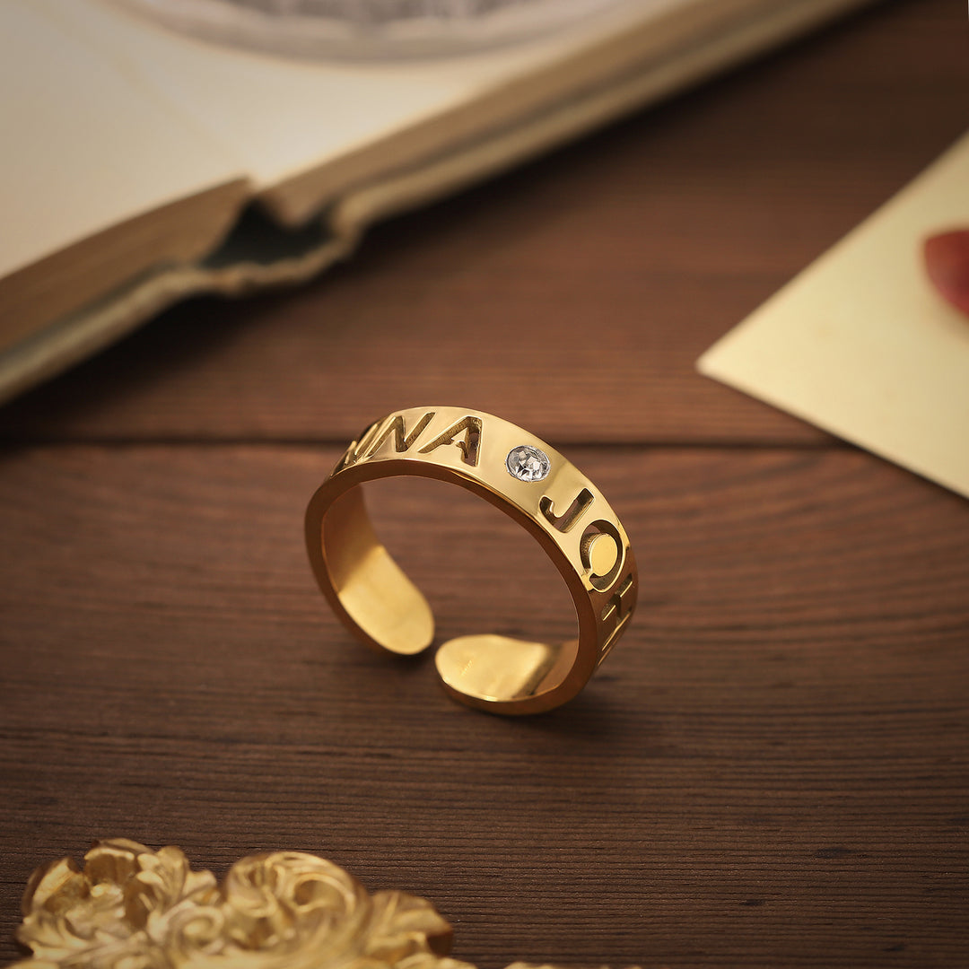 Customized Name Hollow-out Ring With Birthstone