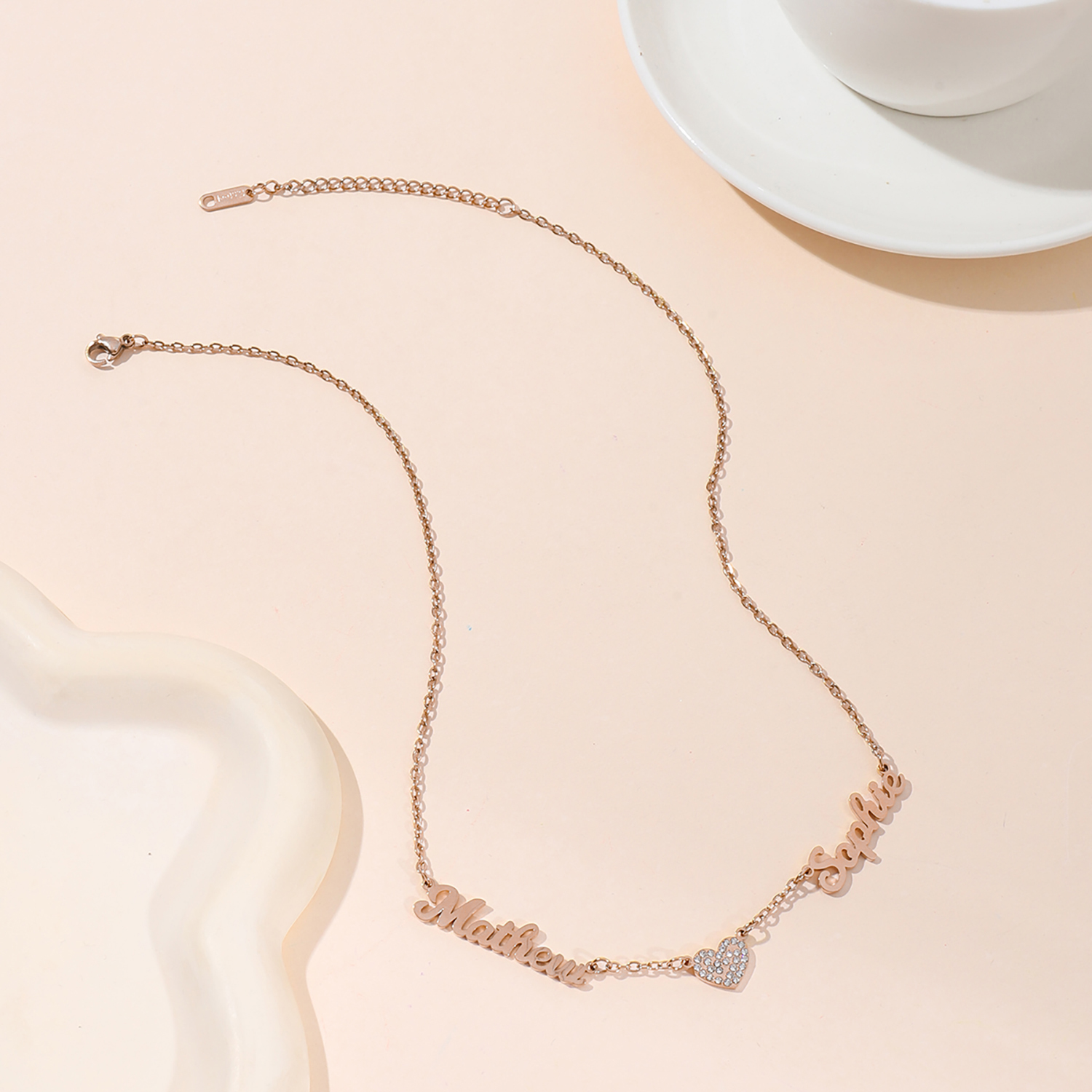 Custom Love Filled Rhinestone Connected Necklace with Two Names