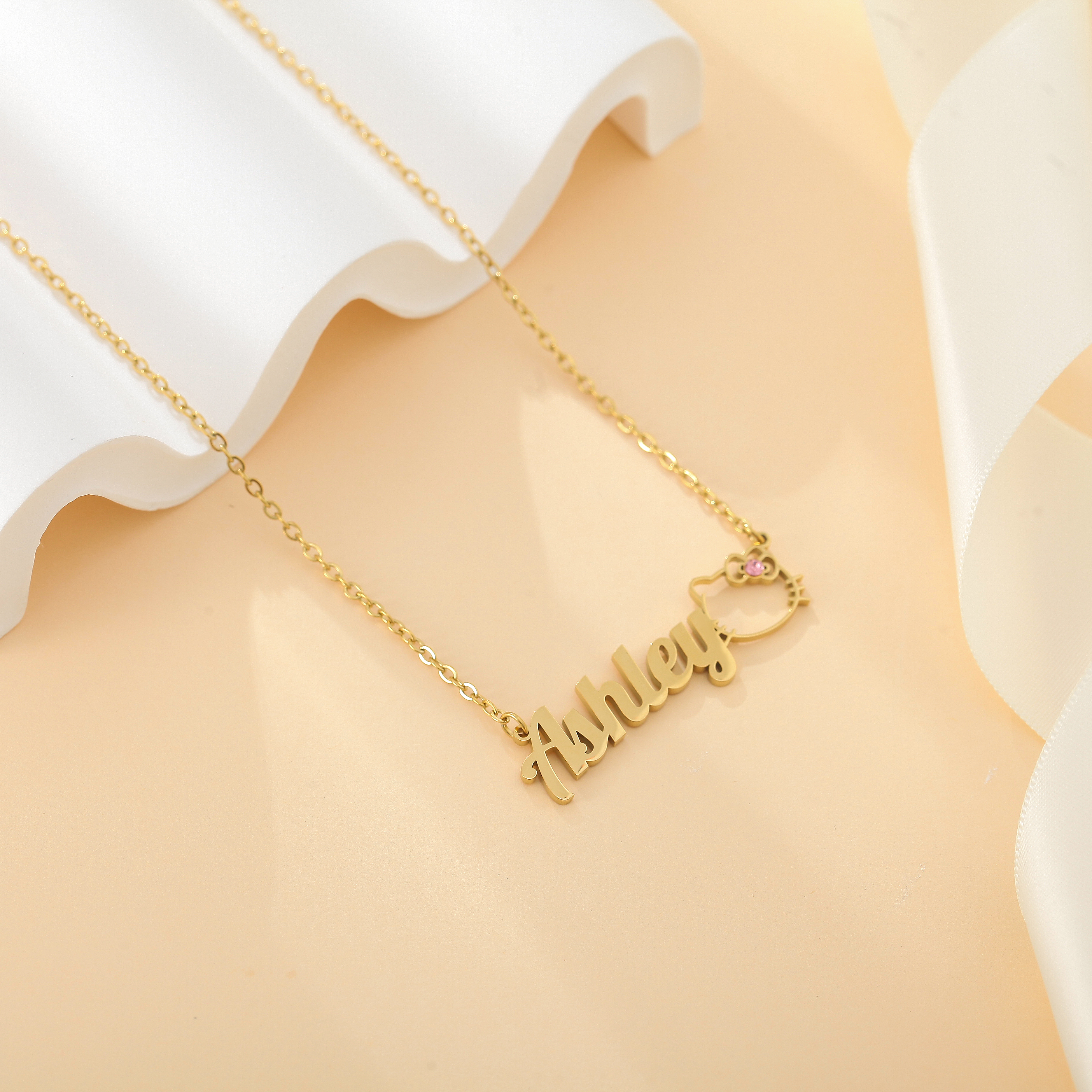 Custom Name and Birthstone Necklace with Hello Kitty Element