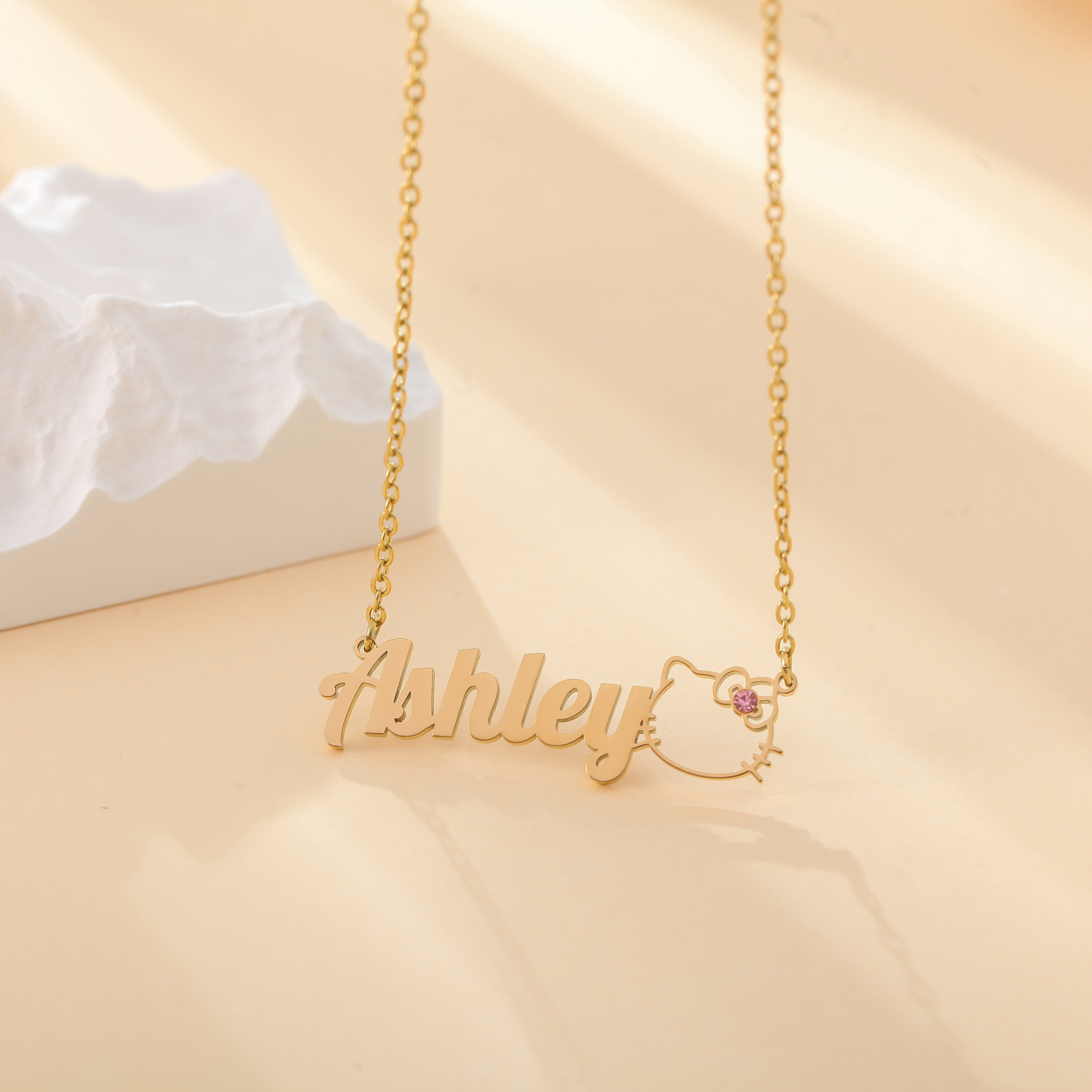 Custom Name and Birthstone Necklace with Hello Kitty Element