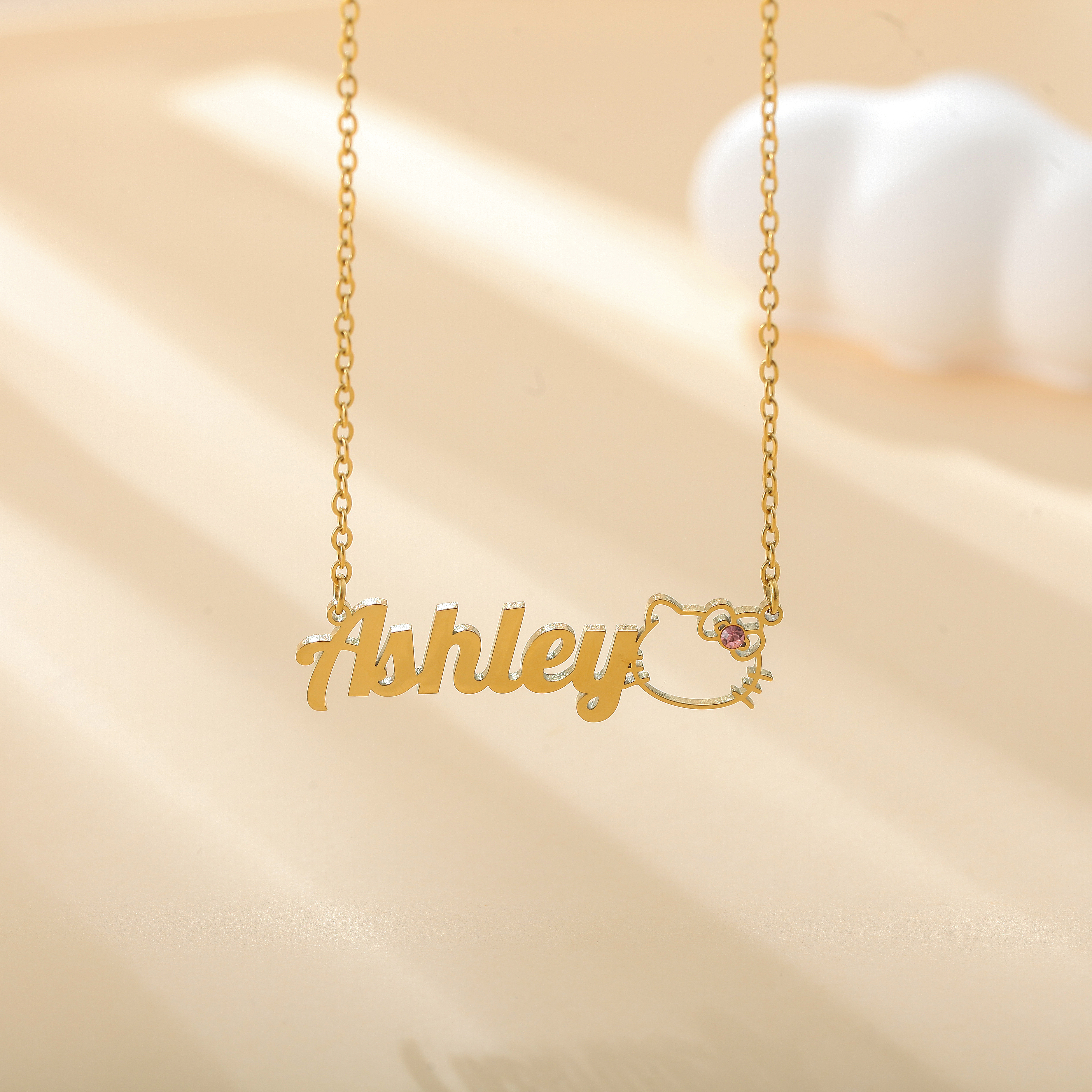 Custom Name and Birthstone Necklace with Hello Kitty Element