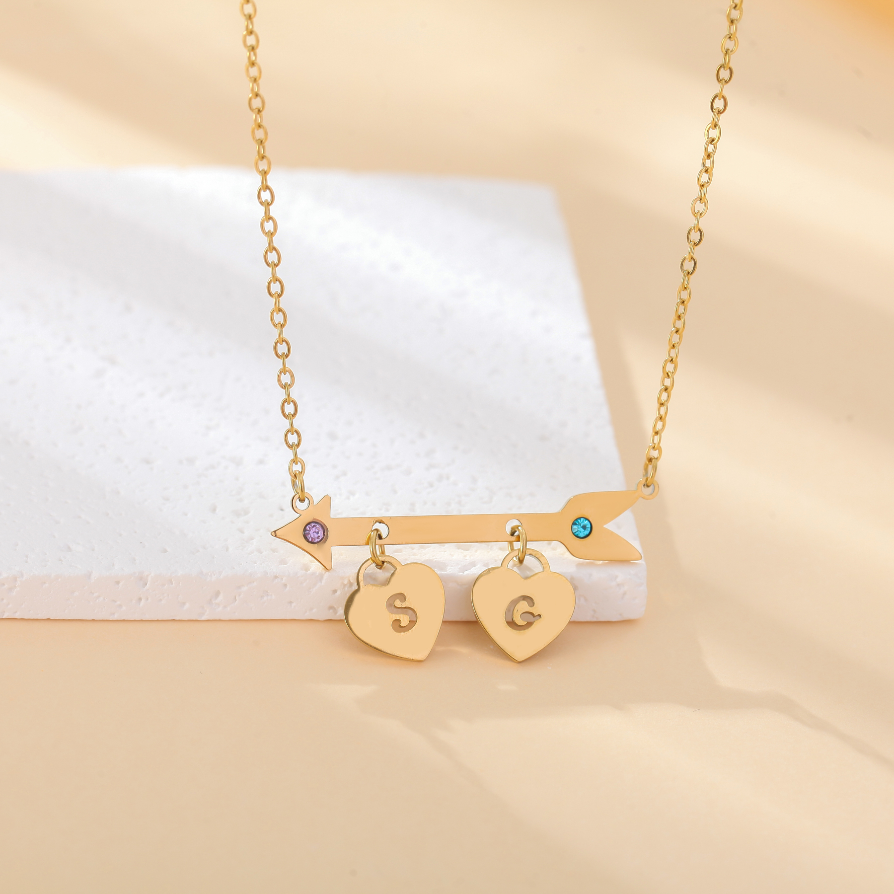 Custom Name and Birthstone Necklace with Cupid's Arrow and Heart Element