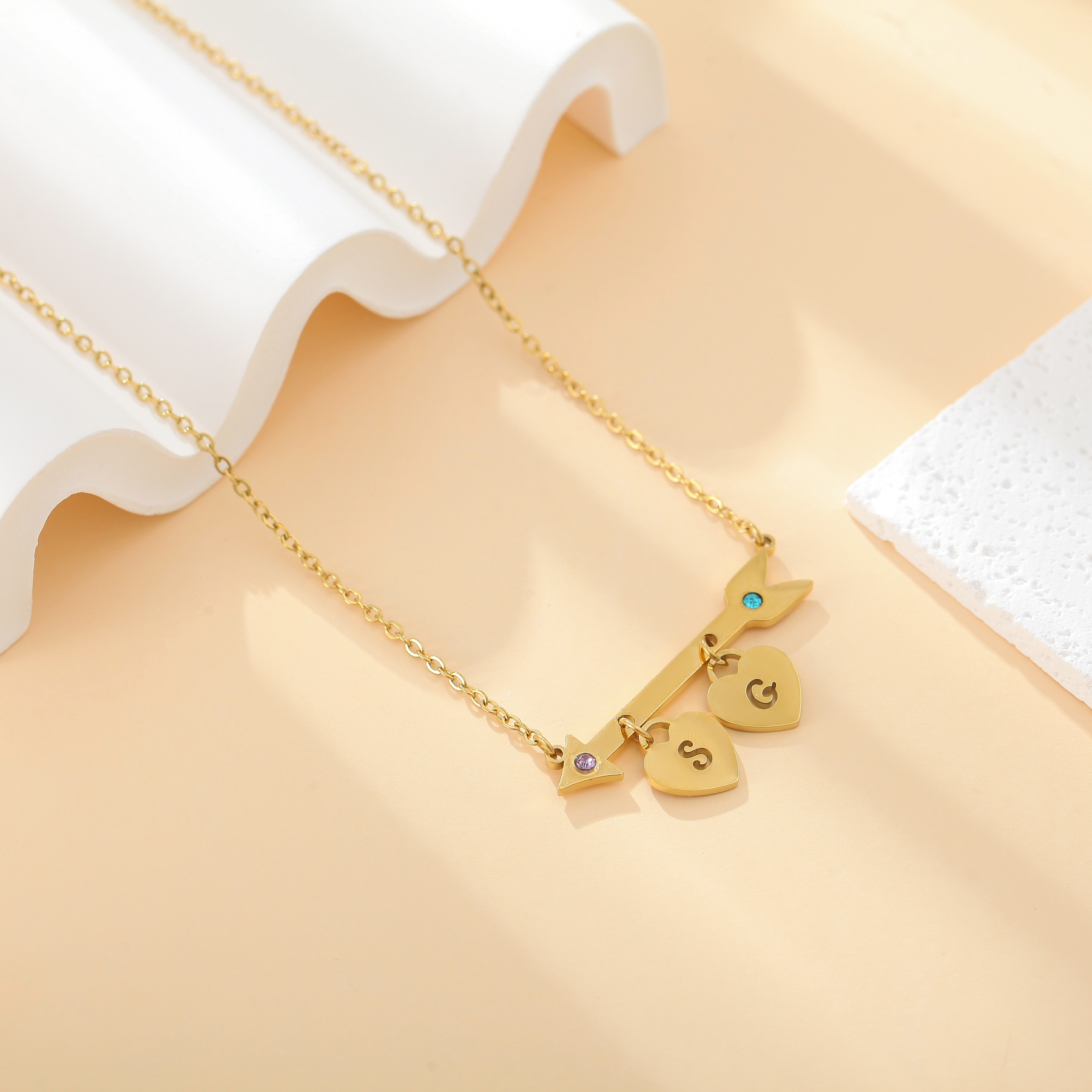 Custom Name and Birthstone Necklace with Cupid's Arrow and Heart Element