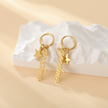 Custom Name Hoop Earrings with Star