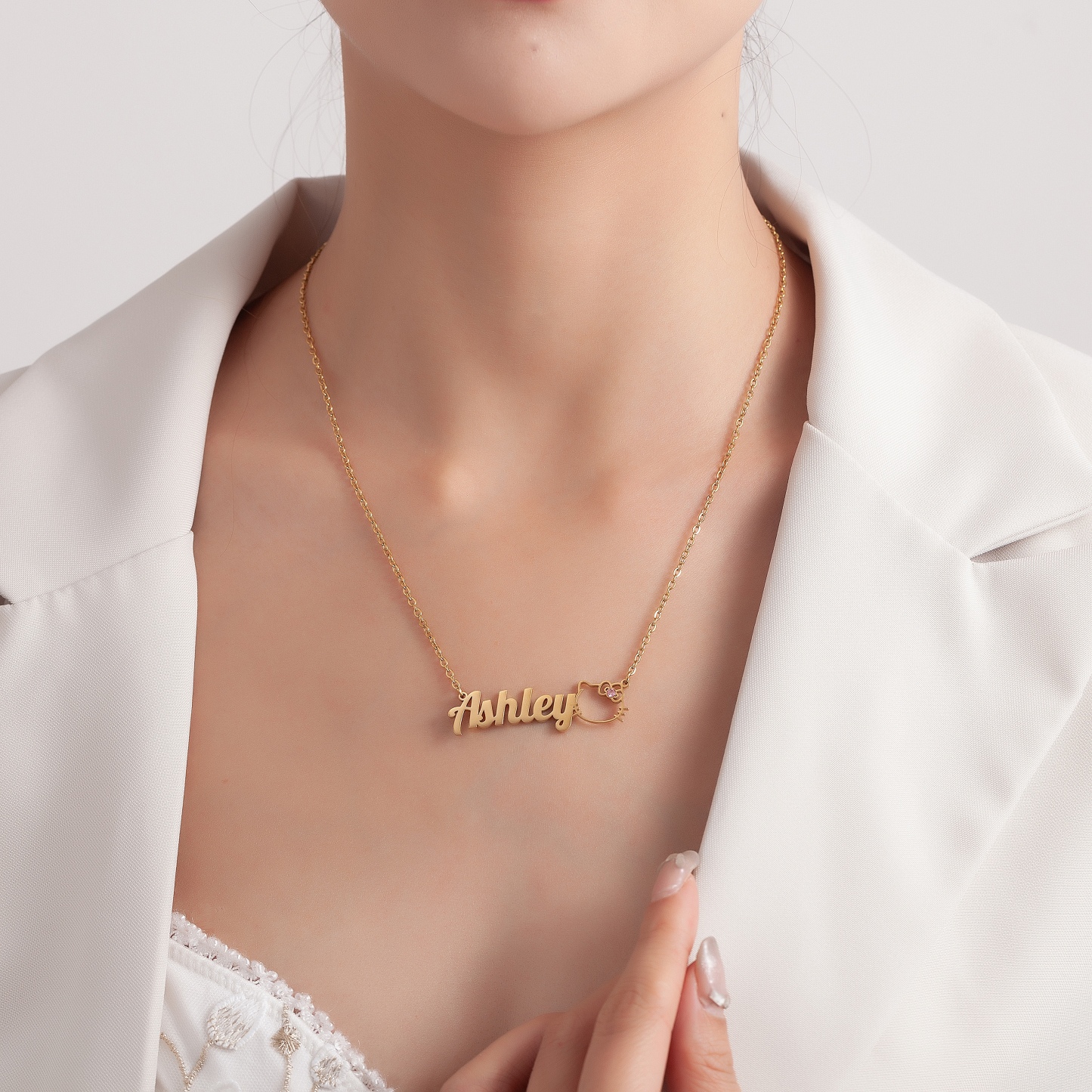 Custom Name and Birthstone Necklace with Hello Kitty Element