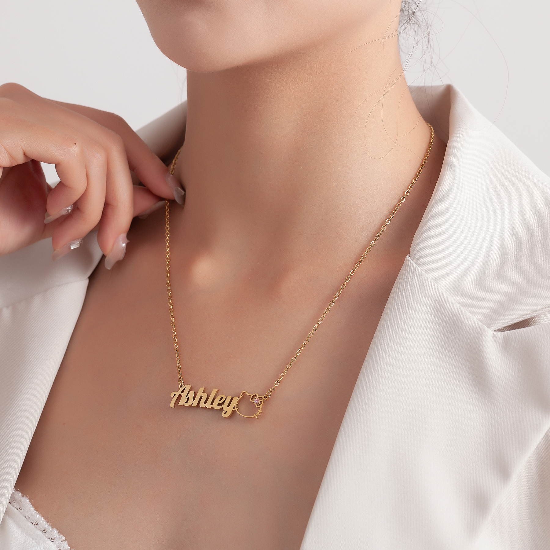 Custom Name and Birthstone Necklace with Hello Kitty Element