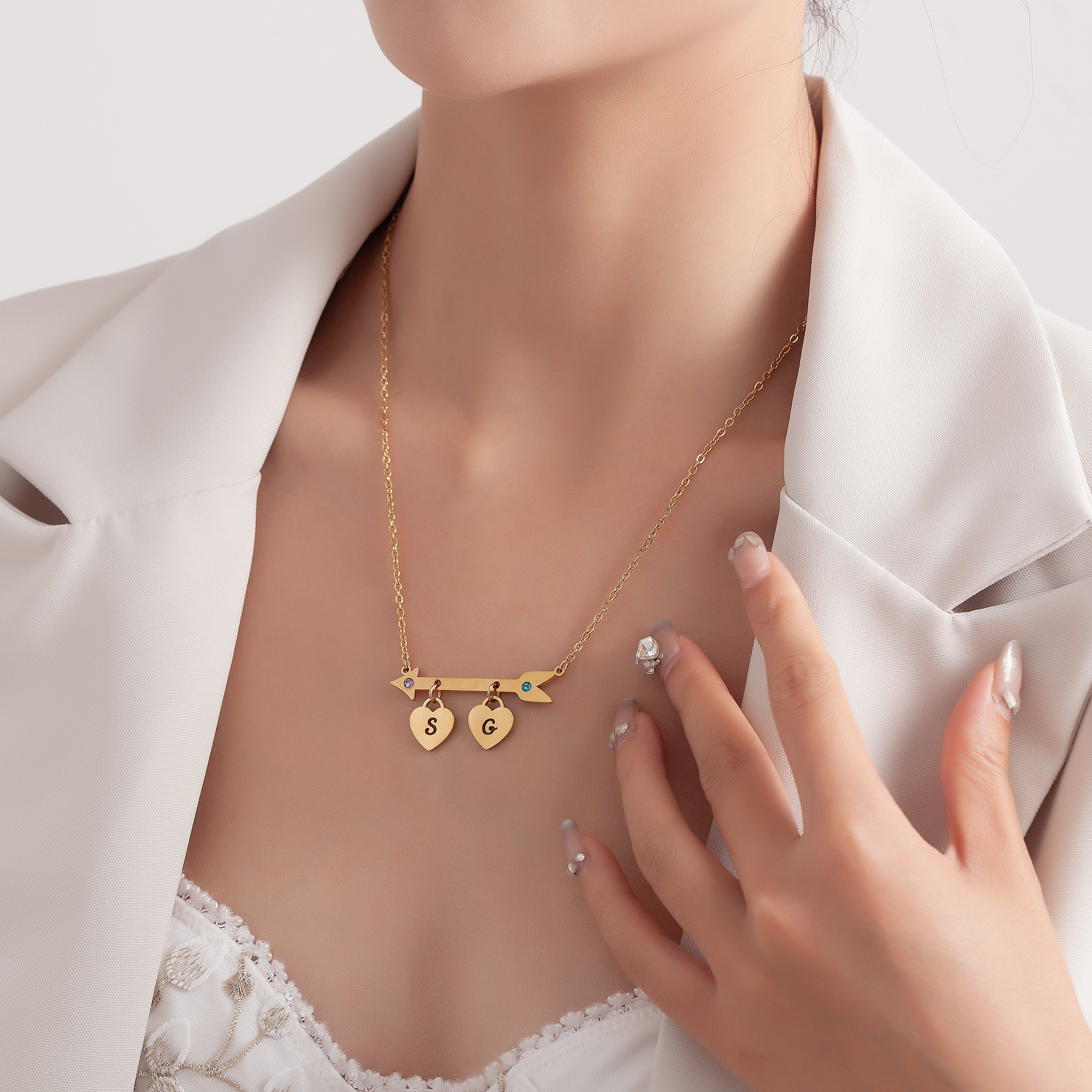 Custom Name and Birthstone Necklace with Cupid's Arrow and Heart Element