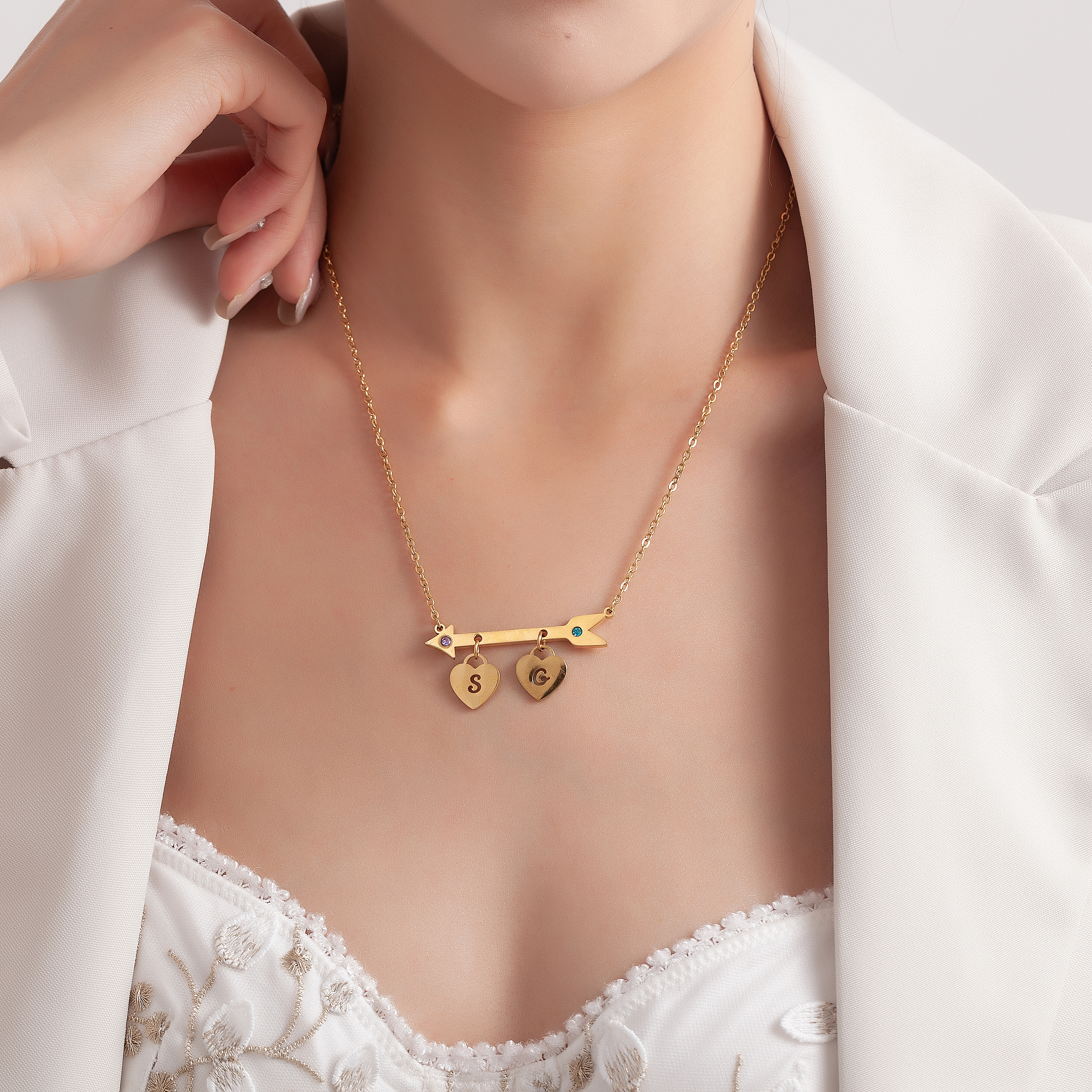 Custom Name and Birthstone Necklace with Cupid's Arrow and Heart Element