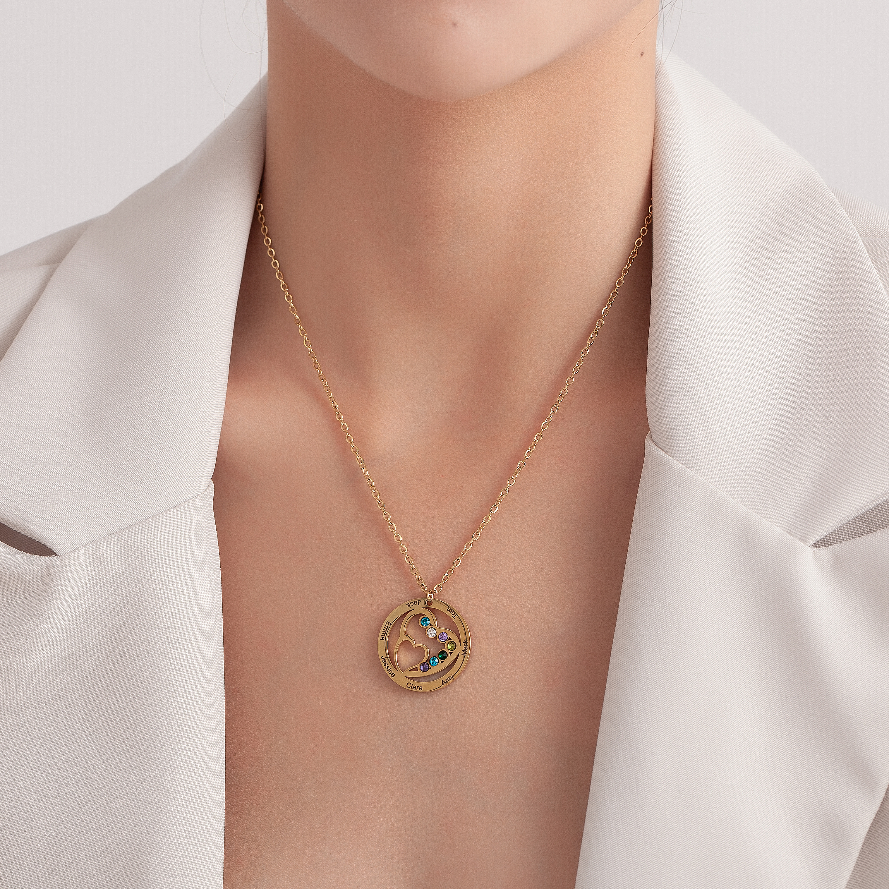 Custom Family Name  Birthstone Necklace with Circular Design and Heart Embrace