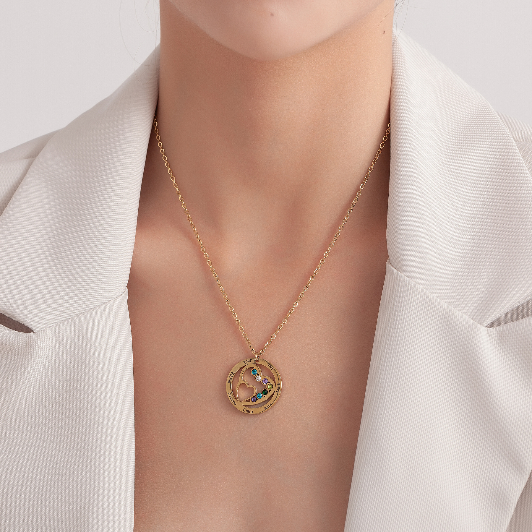 Custom Family Name  Birthstone Necklace with Circular Design and Heart Embrace