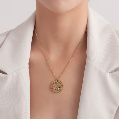 Custom Family Name  Birthstone Necklace with Circular Design and Heart Embrace