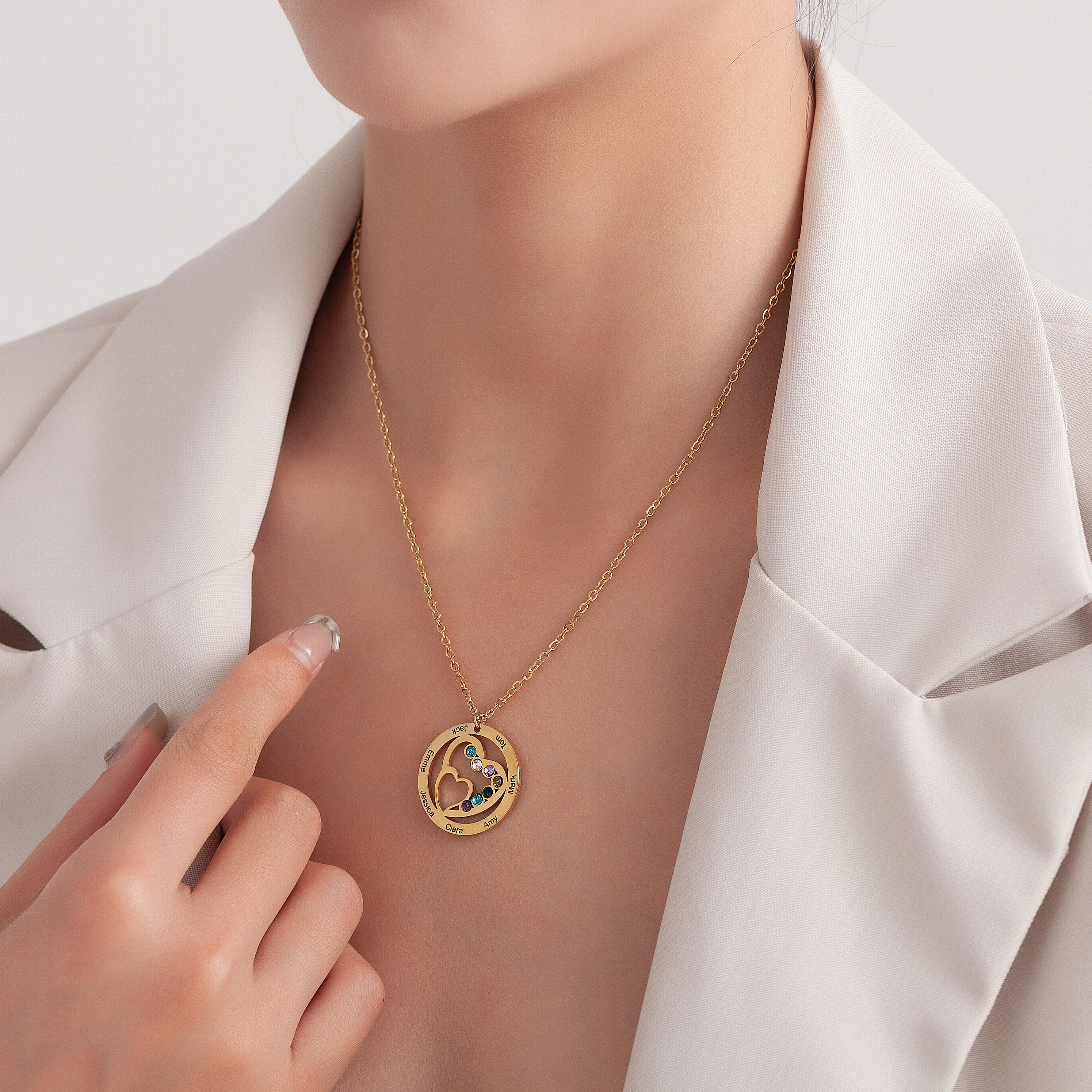Custom Family Name  Birthstone Necklace with Circular Design and Heart Embrace
