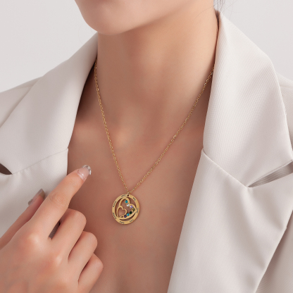 Custom Family Name  Birthstone Necklace with Circular Design and Heart Embrace