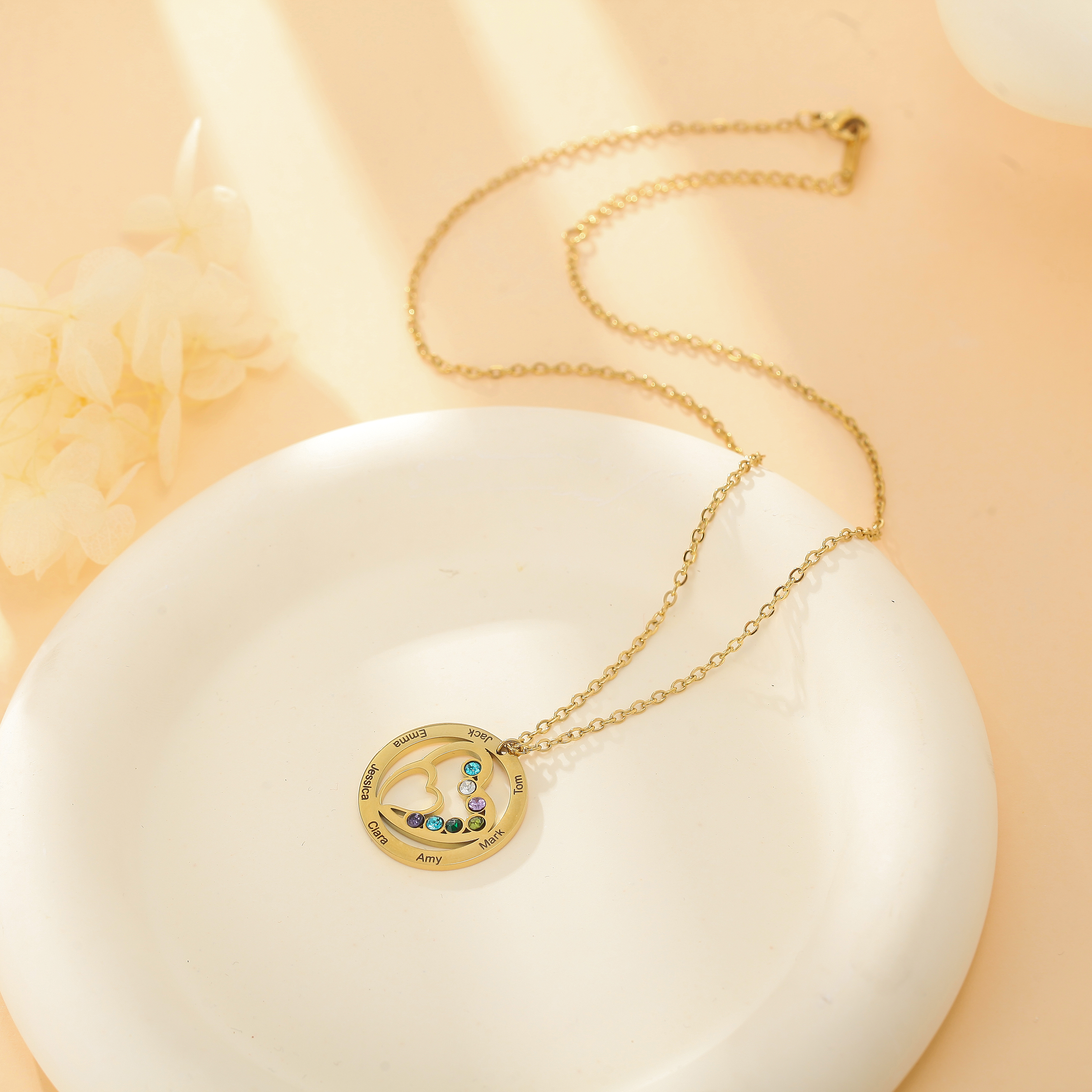 Custom Family Name  Birthstone Necklace with Circular Design and Heart Embrace