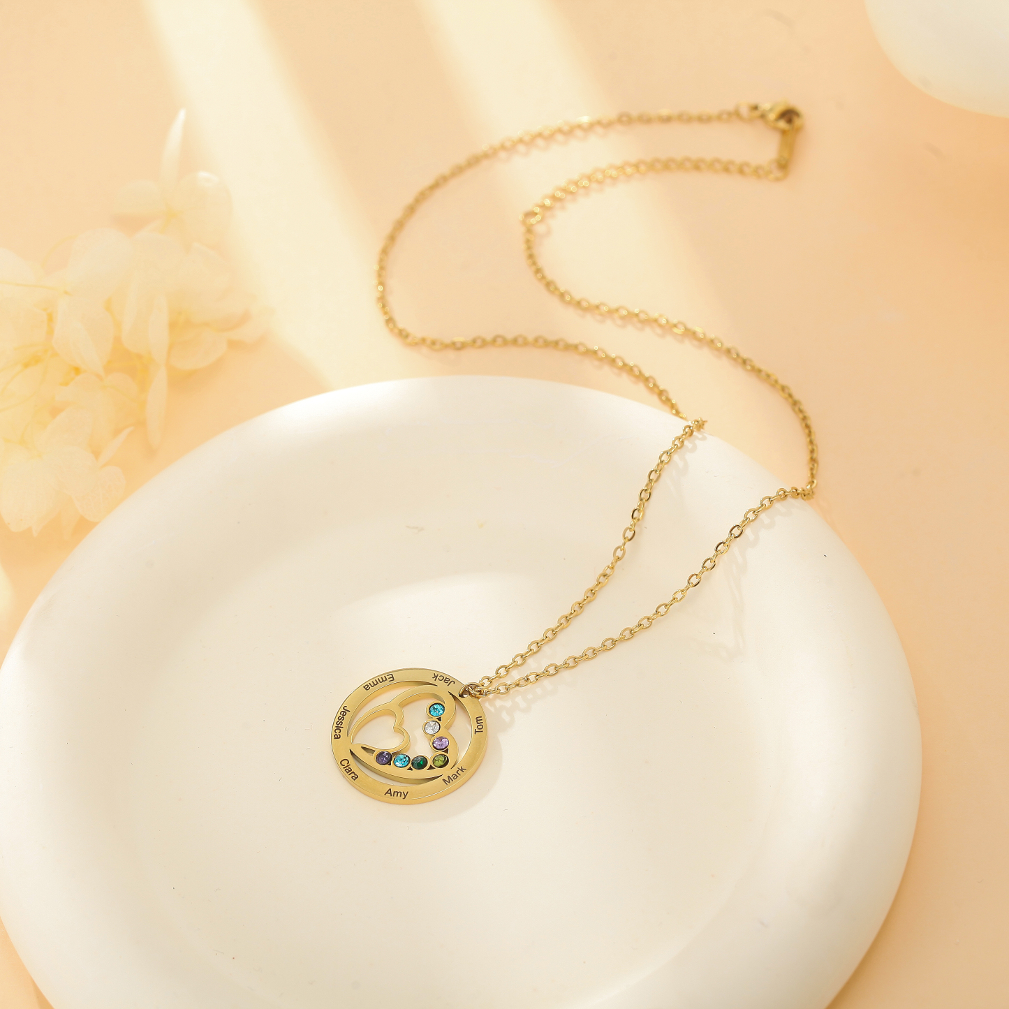 Custom Family Name  Birthstone Necklace with Circular Design and Heart Embrace