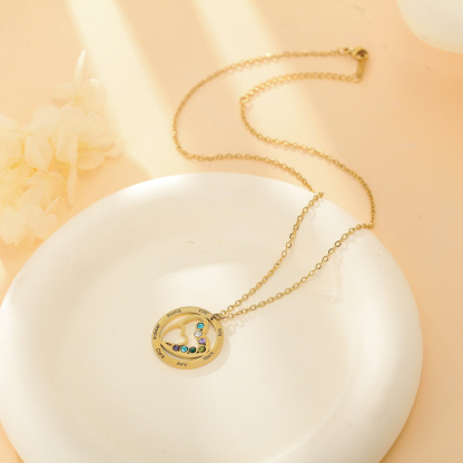 Custom Family Name  Birthstone Necklace with Circular Design and Heart Embrace