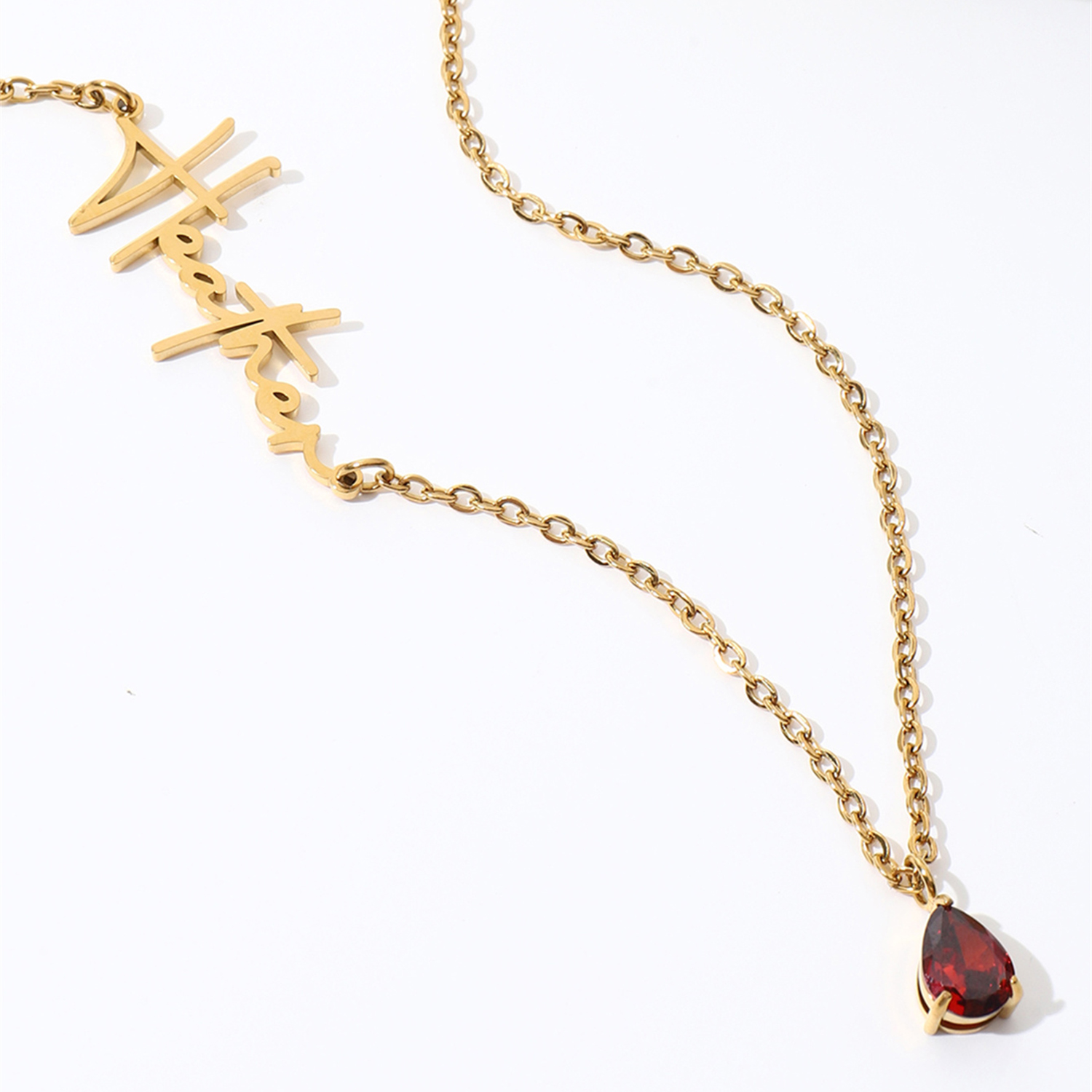 Cursive Name Necklace with Teardrop Birthstone-Spefeel