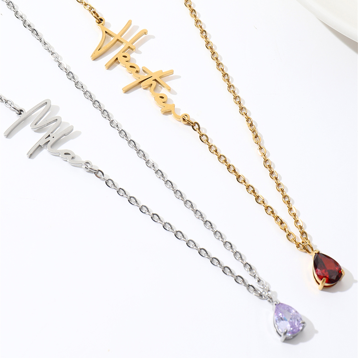 Cursive Name Necklace with Teardrop Birthstone-Spefeel