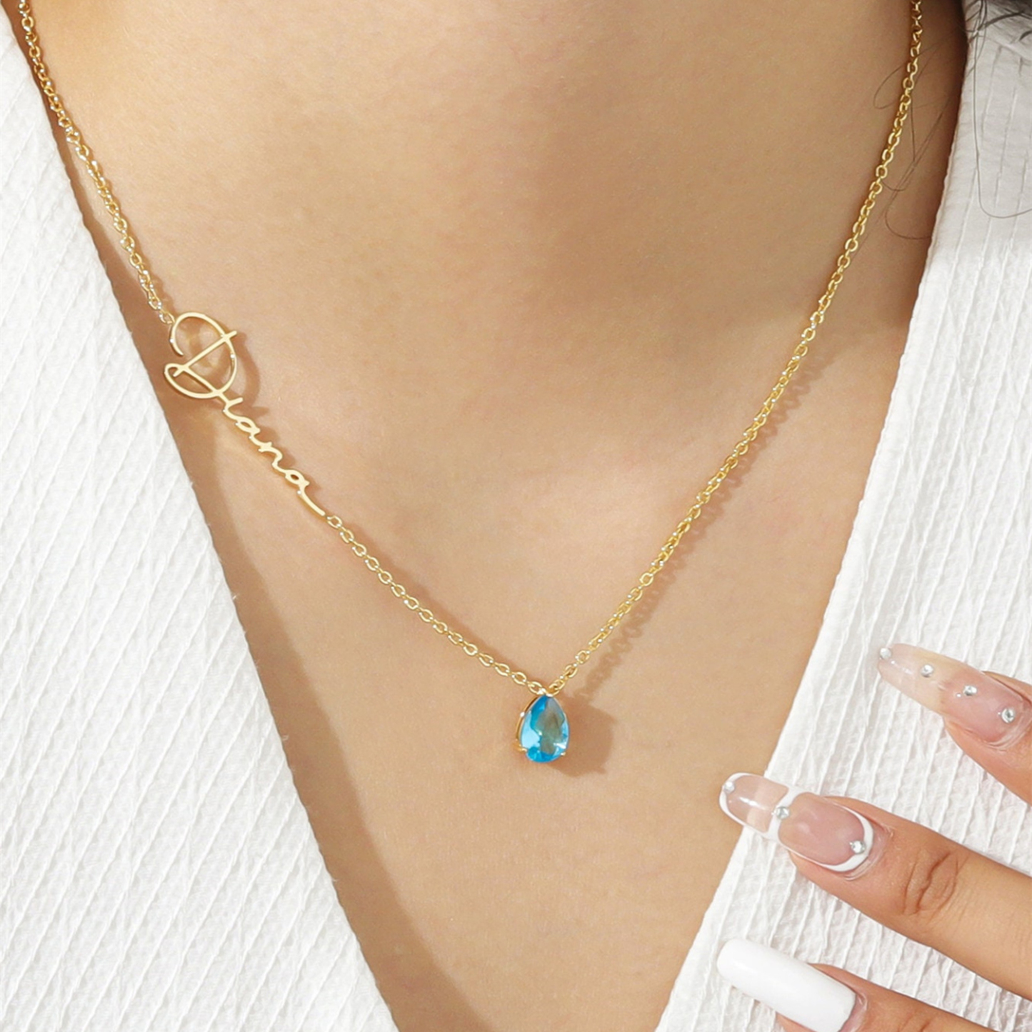 Cursive Name Necklace with Teardrop Birthstone-Spefeel