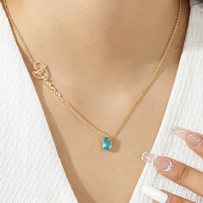 Cursive Name Necklace with Teardrop Birthstone-Spefeel